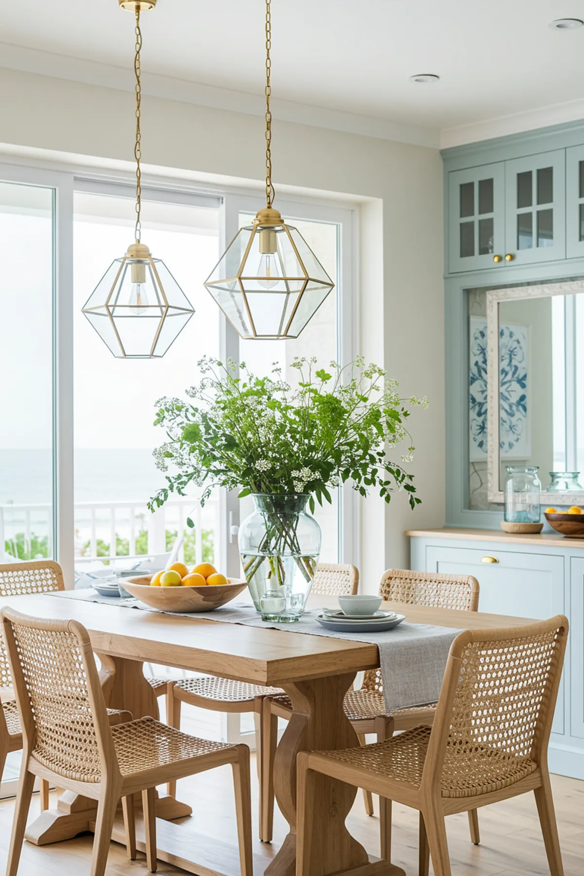 A bright dining area featuring a floral centerpiece, wooden table, and ocean view through large windows.