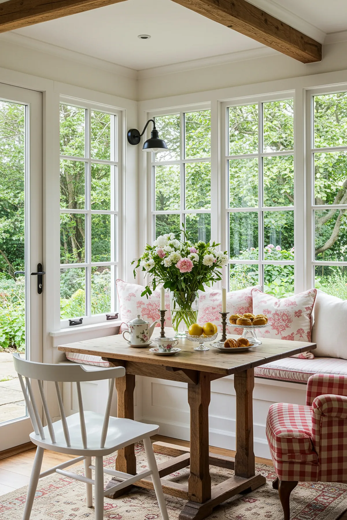 Charming breakfast nook with floral arrangements, sunlight, and delicious pastries on a rustic wooden table.