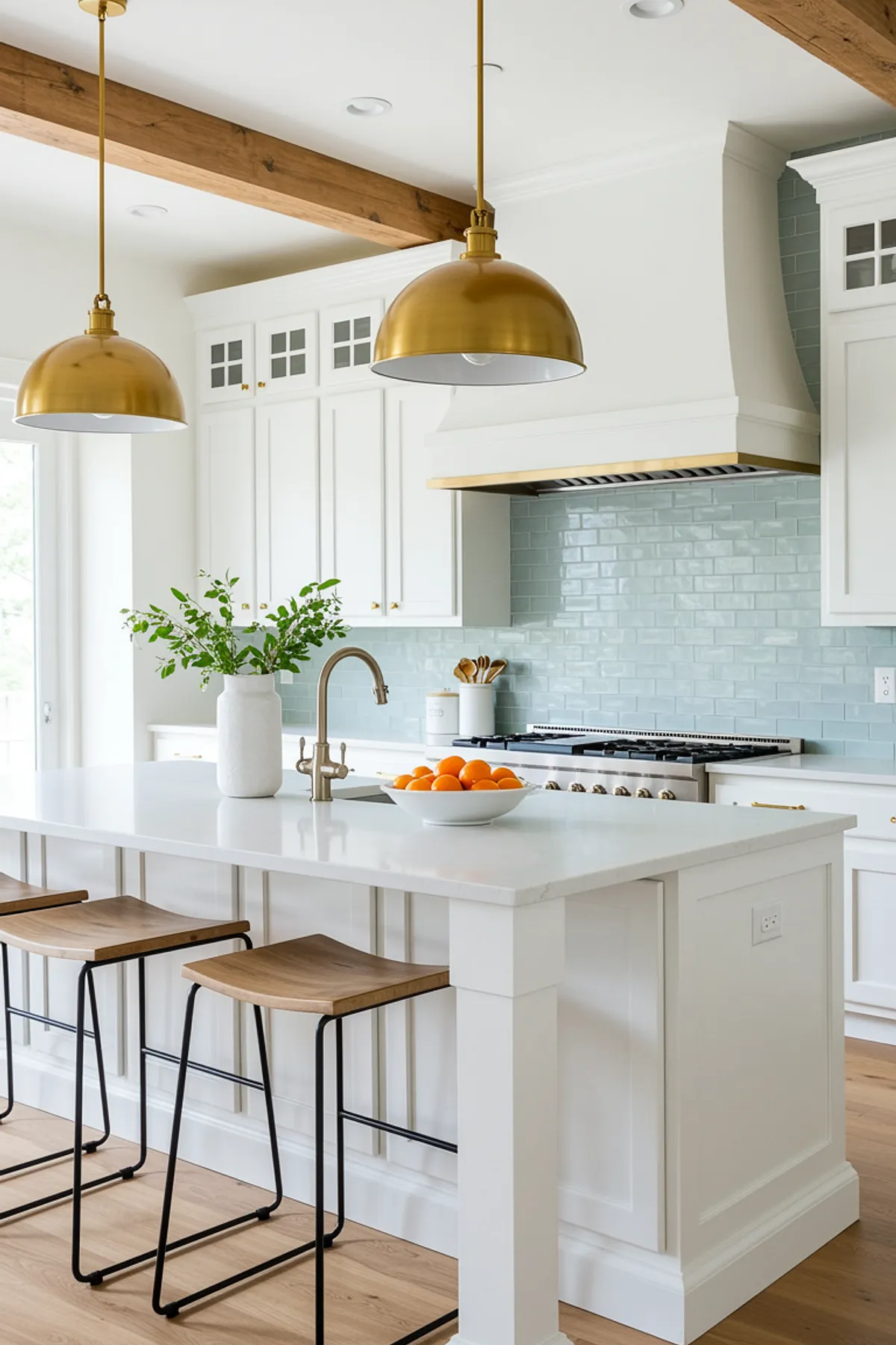 Modern farmhouse kitchen featuring white cabinets, gold pendant lights, and aqua tile backsplash.