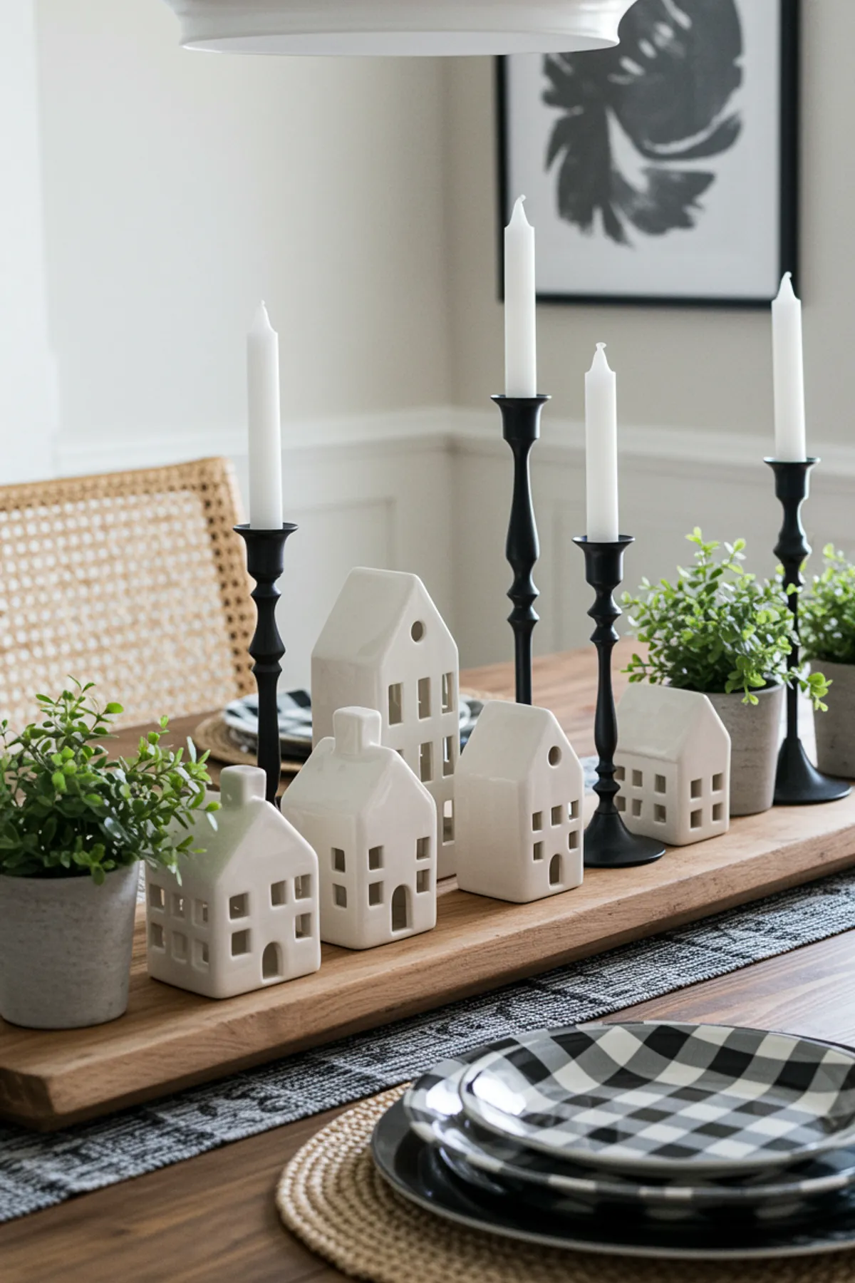 A dining table centerpiece featuring decorative house figurines, candles, and greenery on a wooden table.
