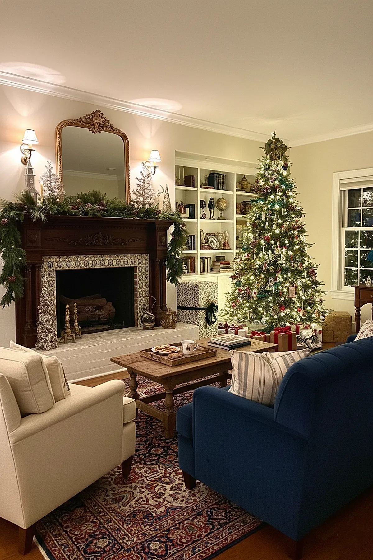 christmas living room featuring an ornate dark wood fireplace with greenery garland and silver decorations on the mantel, a tall decorated Christmas tree with white and red lights near built-in white shelves filled with books and decor, beige and navy armchairs surrounding a wooden coffee table on a patterned area rug