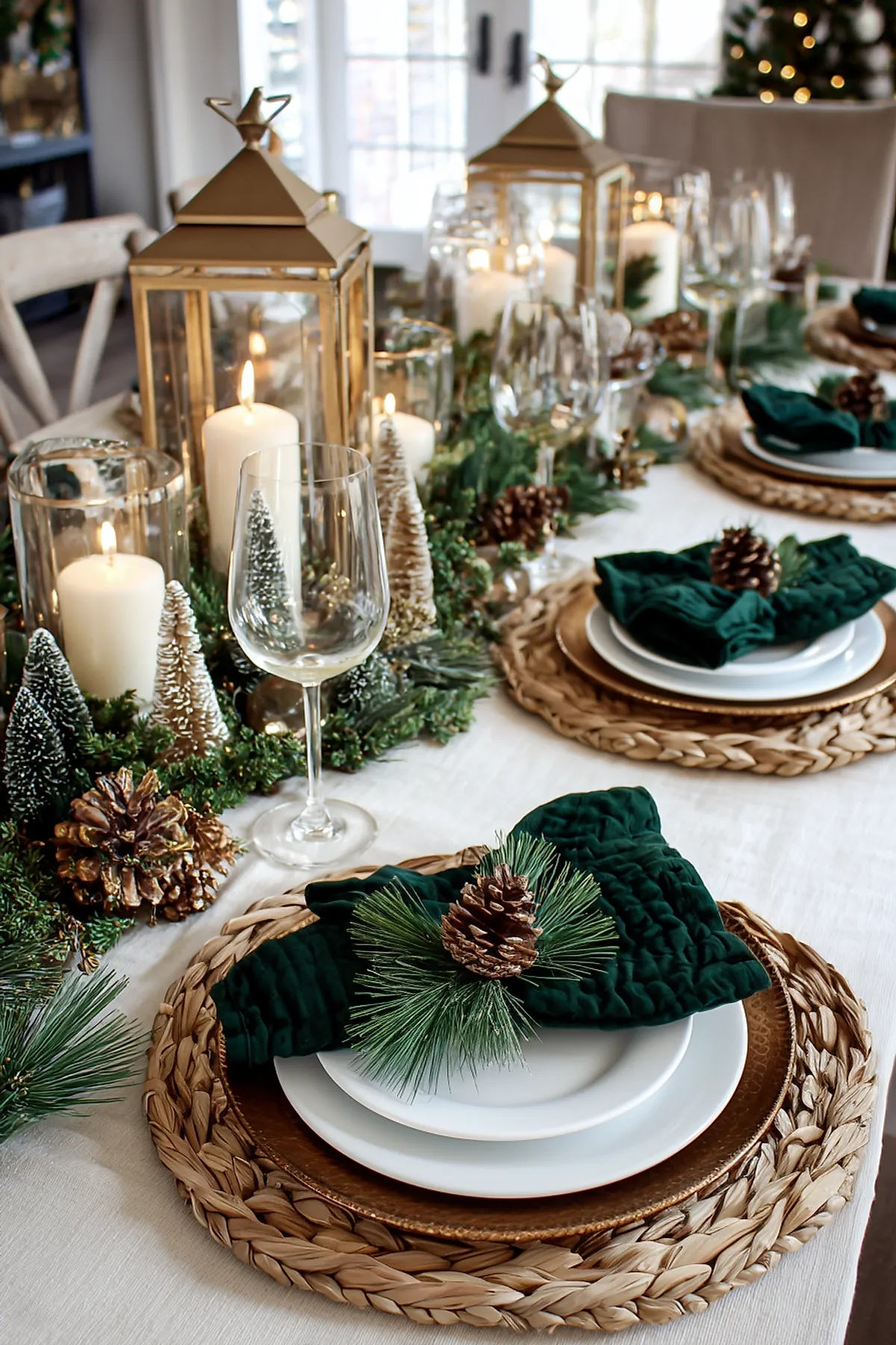 christmas dinner table settings featuring woven natural placemats, white plates layered on bronze chargers, dark green velvet napkins decorated with pinecones and pine sprigs, clear wine glasses, gold lanterns with lit candles, small snowy decorative trees and lush green garlands running down the center of a white linen tablecloth.