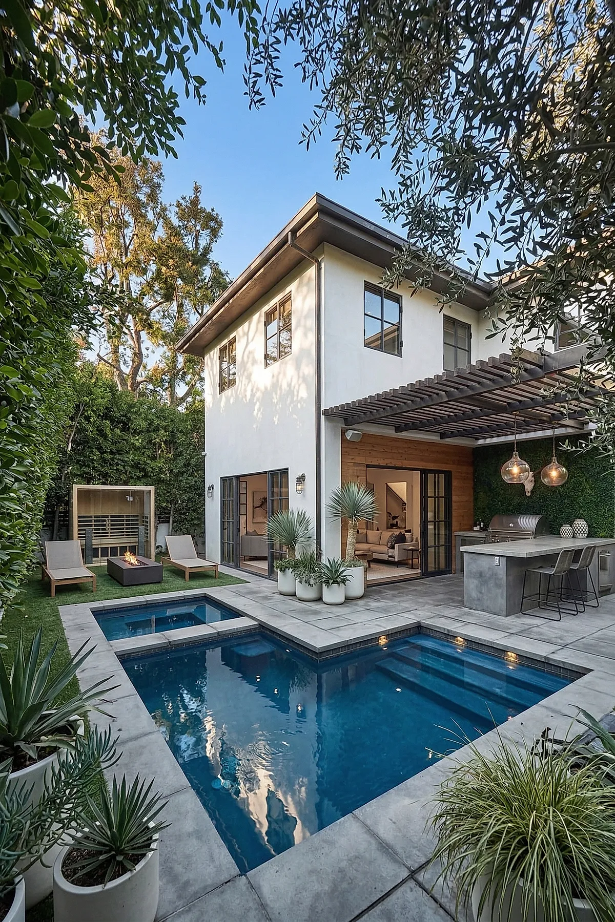 Modern backyard featuring a small blue rectangular pool with an attached spa, surrounded by gray stone tiles, lounge chairs near a fire pit, outdoor kitchen with bar stools under a wooden pergola, and lush green plants.