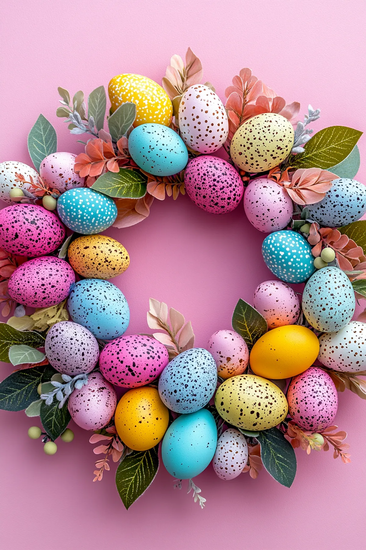 Colorful Easter egg wreath with pink, blue, yellow eggs, green leaves, and orange berries on pink background.