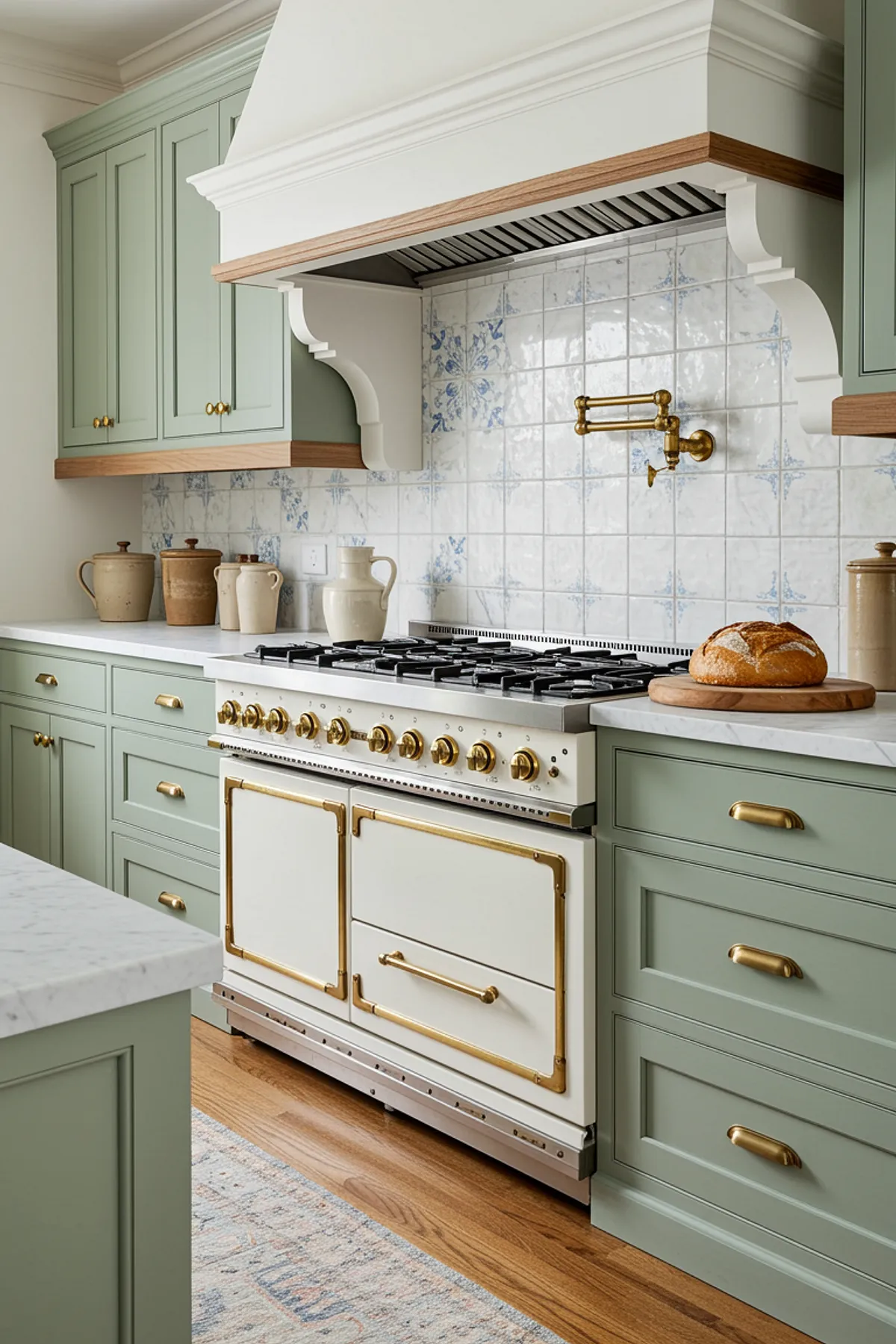 Modern farmhouse kitchen with green cabinets and vintage tile backsplash.
