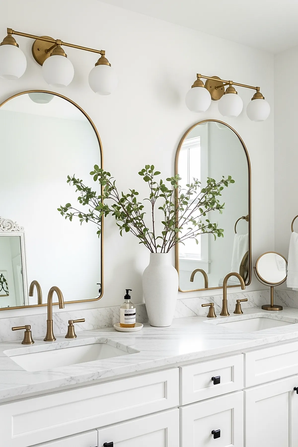 Modern bathroom featuring two large arched bathroom mirrors with brass frames above a white marble countertop with dual undermount sinks and brass faucets, accented by a tall white vase filled with green leafy branches.