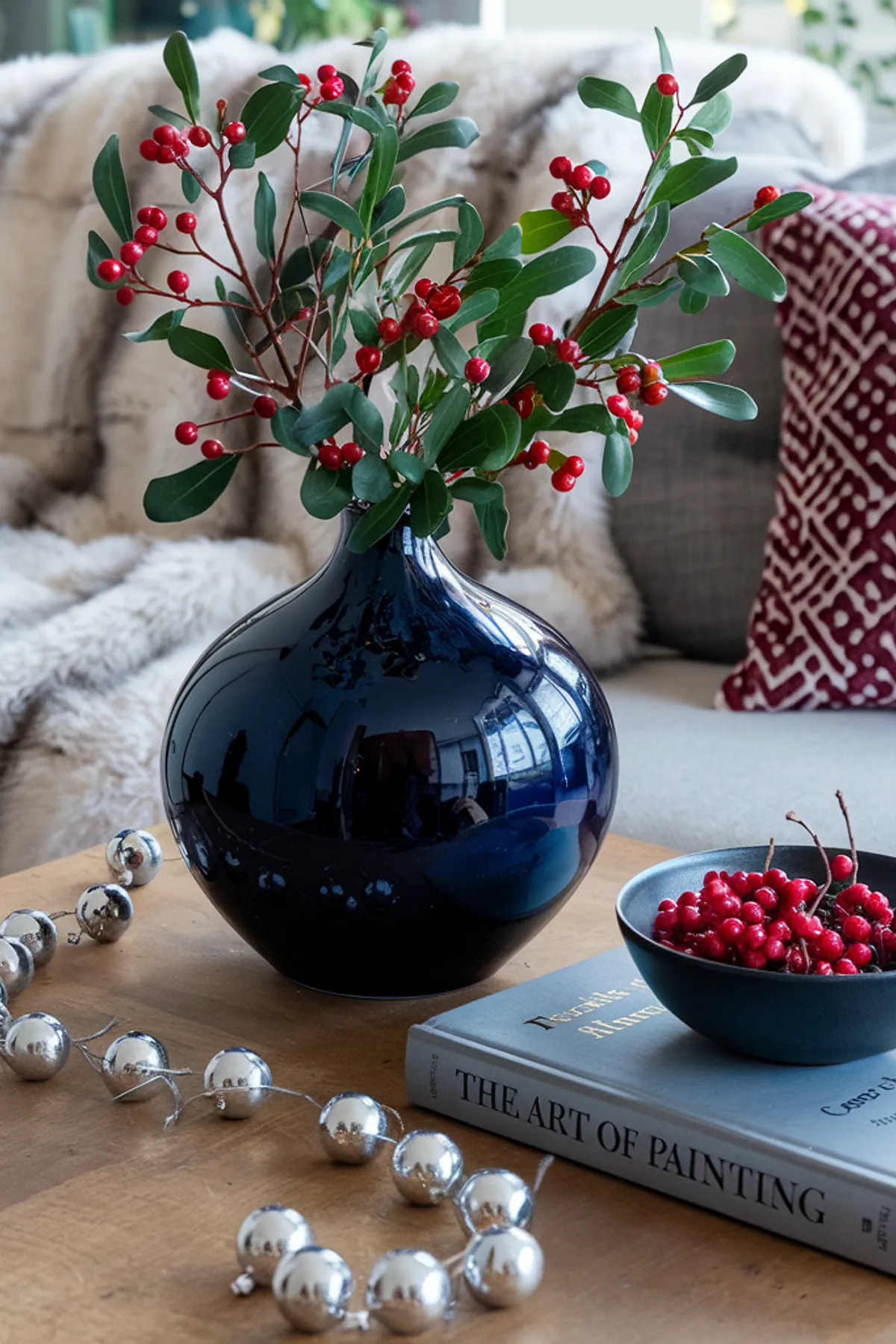 An inviting indoor setting featuring a wooden table with a dark blue vase holding branches with red berries. Next to the vase is a bowl filled with more red berries and a gray-covered book titled The Art of Painting. A silver string of spherical ornaments drapes across the table, adding a festive touch. In the background, there is a plush white fur blanket, a gray cushion with a red pattern, and a glimpse of greenery visible through a window.