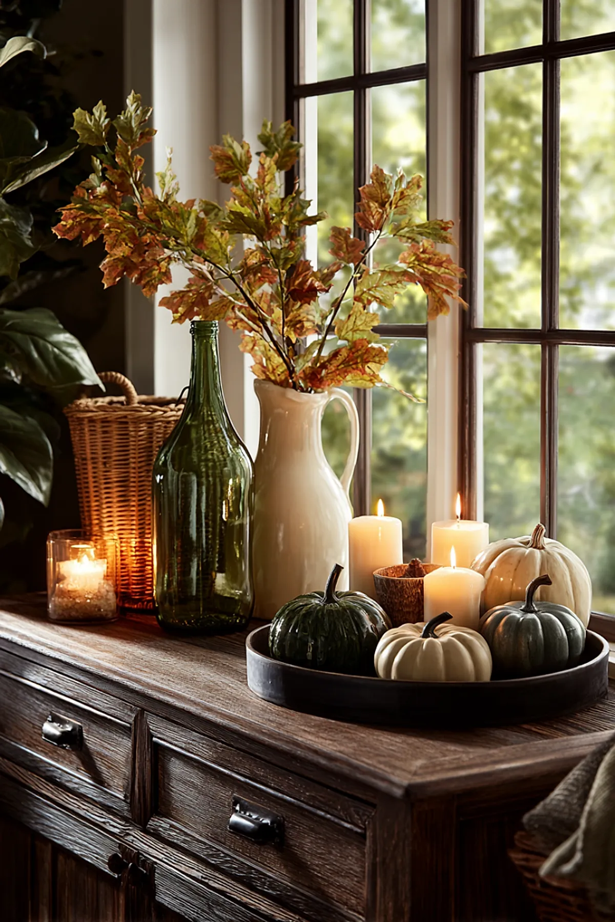 Wooden window sill holding cream ceramic pitcher filled with orange and green fall leaf branches, round black tray with dark green and white mini pumpkins, several lit pillar candles, wicker basket, green glass bottle candle holder nearby.