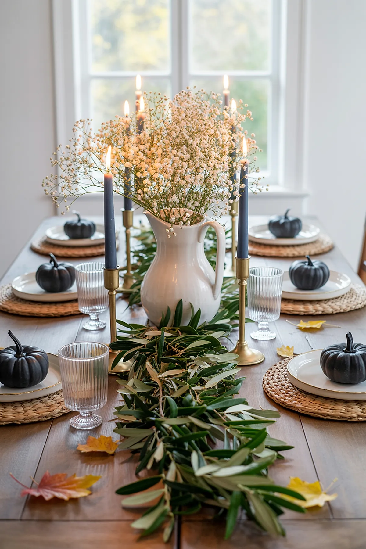 Thanksgiving table with white pitcher filled with baby