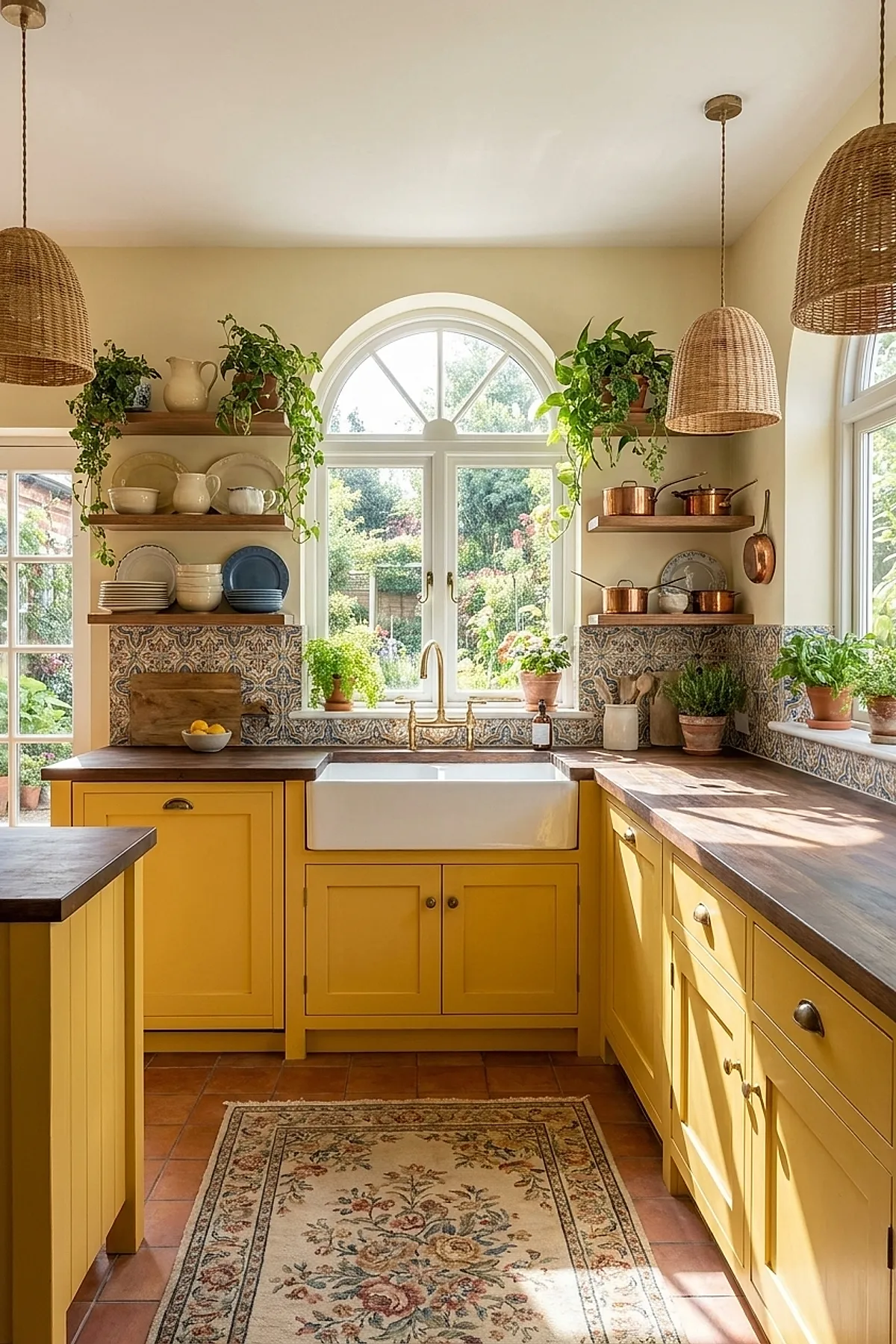 Yellow cottage kitchen with light yellow cabinetry, dark wood countertops, a white farmhouse sink under an arched window, patterned blue and beige tile backsplash, open wooden shelves displaying cream dishes and copper pots, rattan pendant lights hanging from the ceiling, and green potted plants on shelves and windowsill.