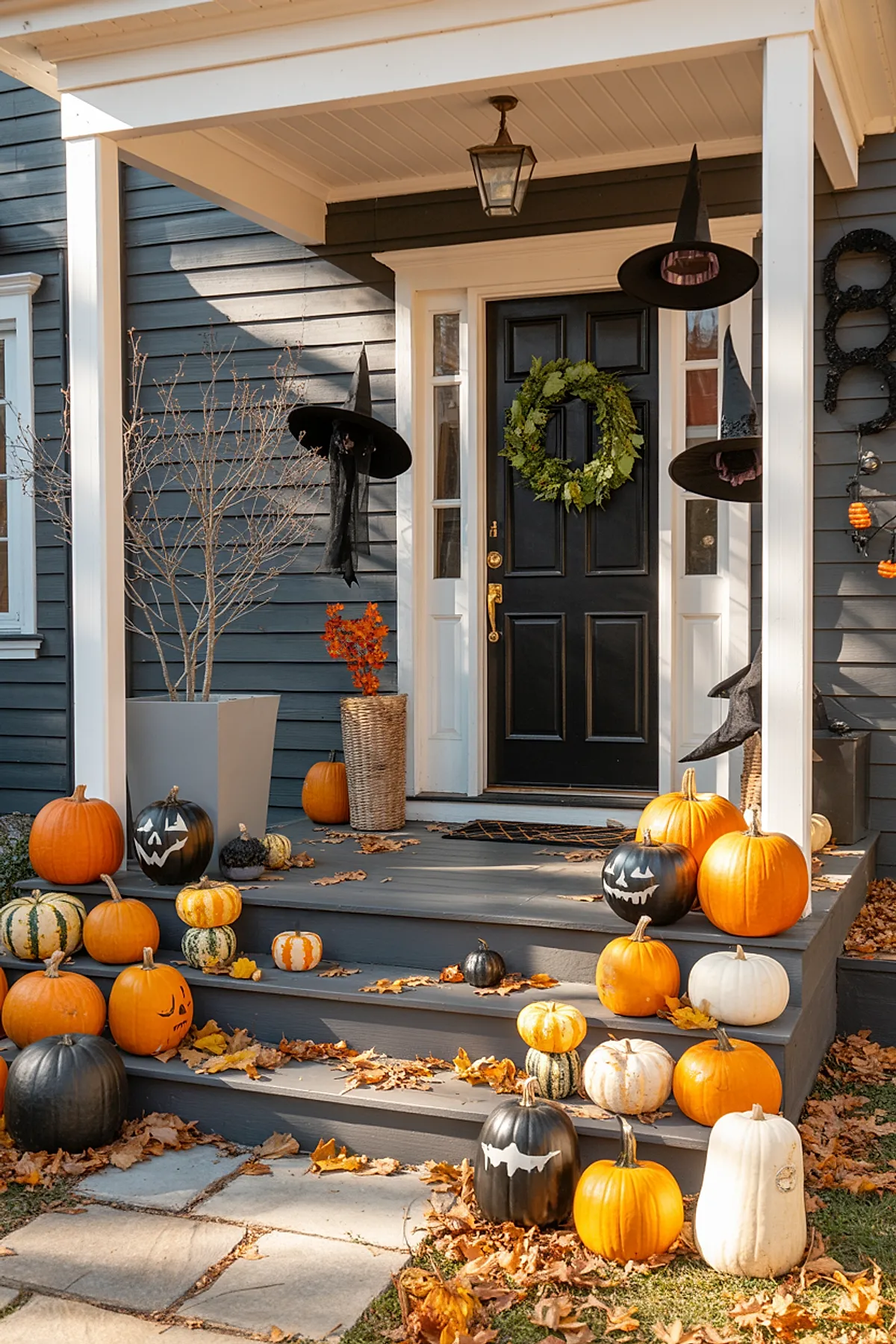 orange, black, white, and striped pumpkins arranged on gray porch steps with scattered autumn leaves, three black witch hats hanging above the steps, black front door with green wreath