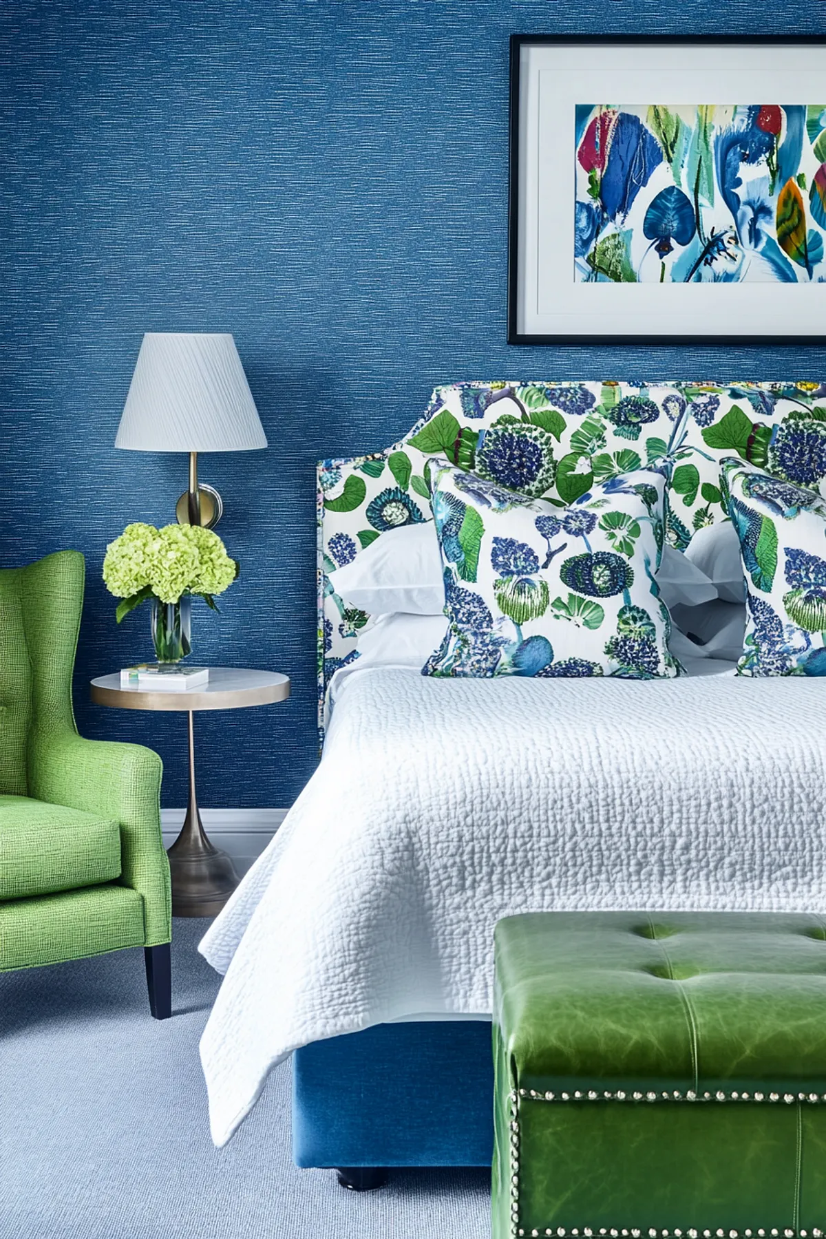 Bedroom with deep blue wallpaper, floral headboard, green armchair, gold table with white lampshade, and green studded ottoman