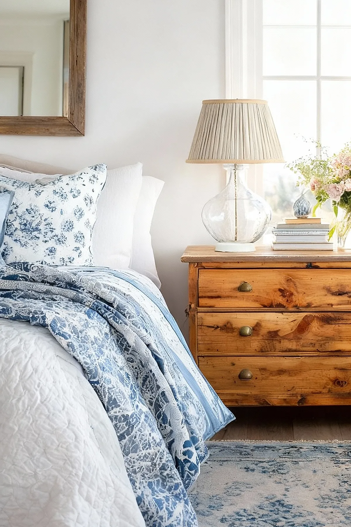 bedside area featuring bed with blue and white floral quilt, white pillows, natural wood nightstand holding clear glass lamp with pleated beige shade, stack of books, and fresh flower arrangement near window