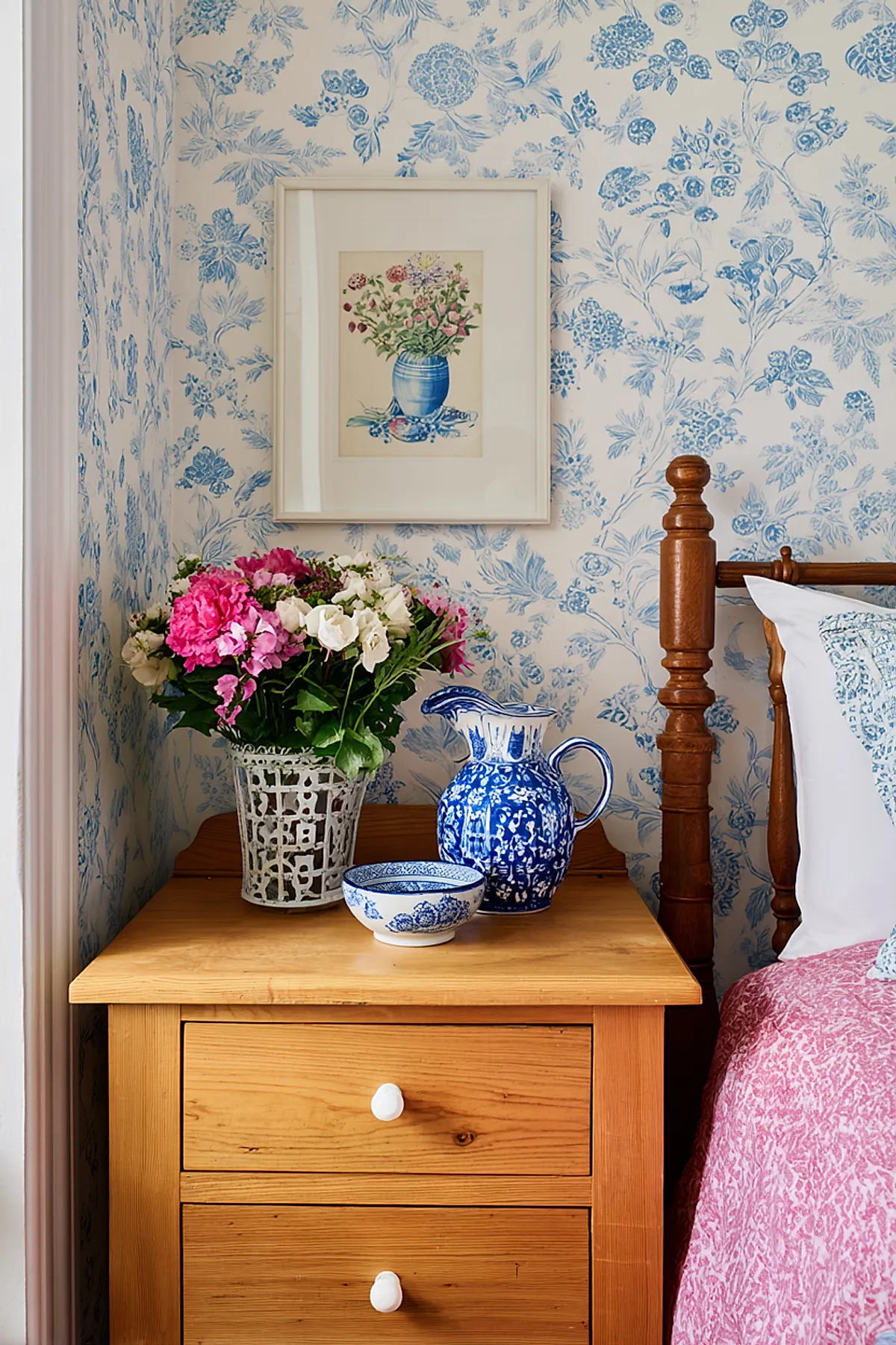 wooden nightstand against blue floral wallpaper holding white lattice vase with pink and white flowers, blue and white patterned pitcher and bowl, next to wooden spindle bedpost