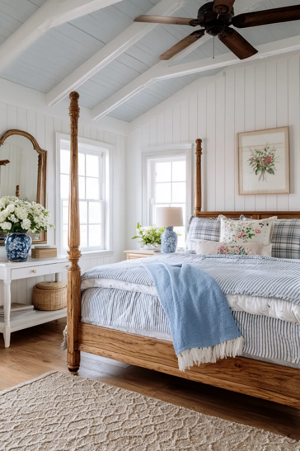 vintage cottage bedroom with wooden spindle bed dressed in blue and white striped bedding, light blue throw blanket draped over edge, white shiplap walls, pale blue vaulted ceiling with exposed beams, wooden floor, floral painting on wall, fresh flowers in vases on bedside tables