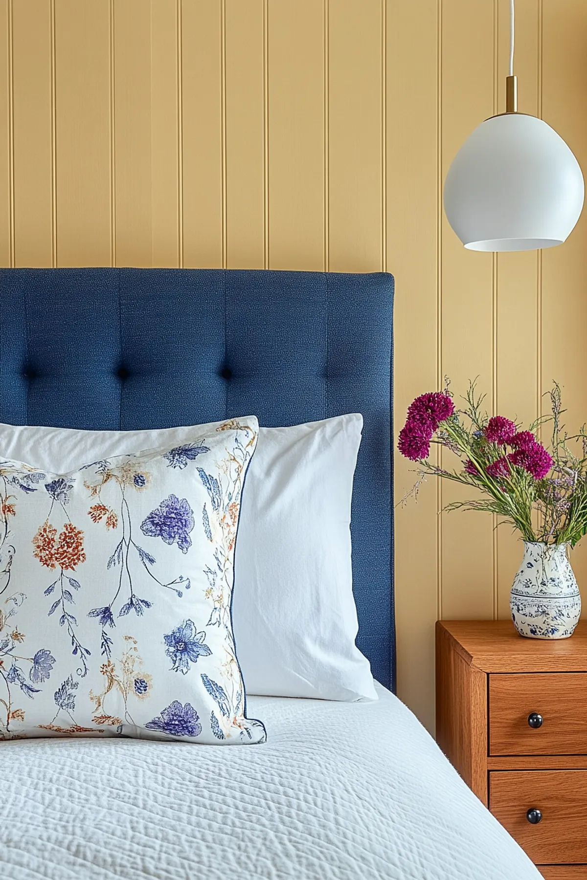 A butter yellow bedroom featuring a blue headboard and floral decorative pillow.