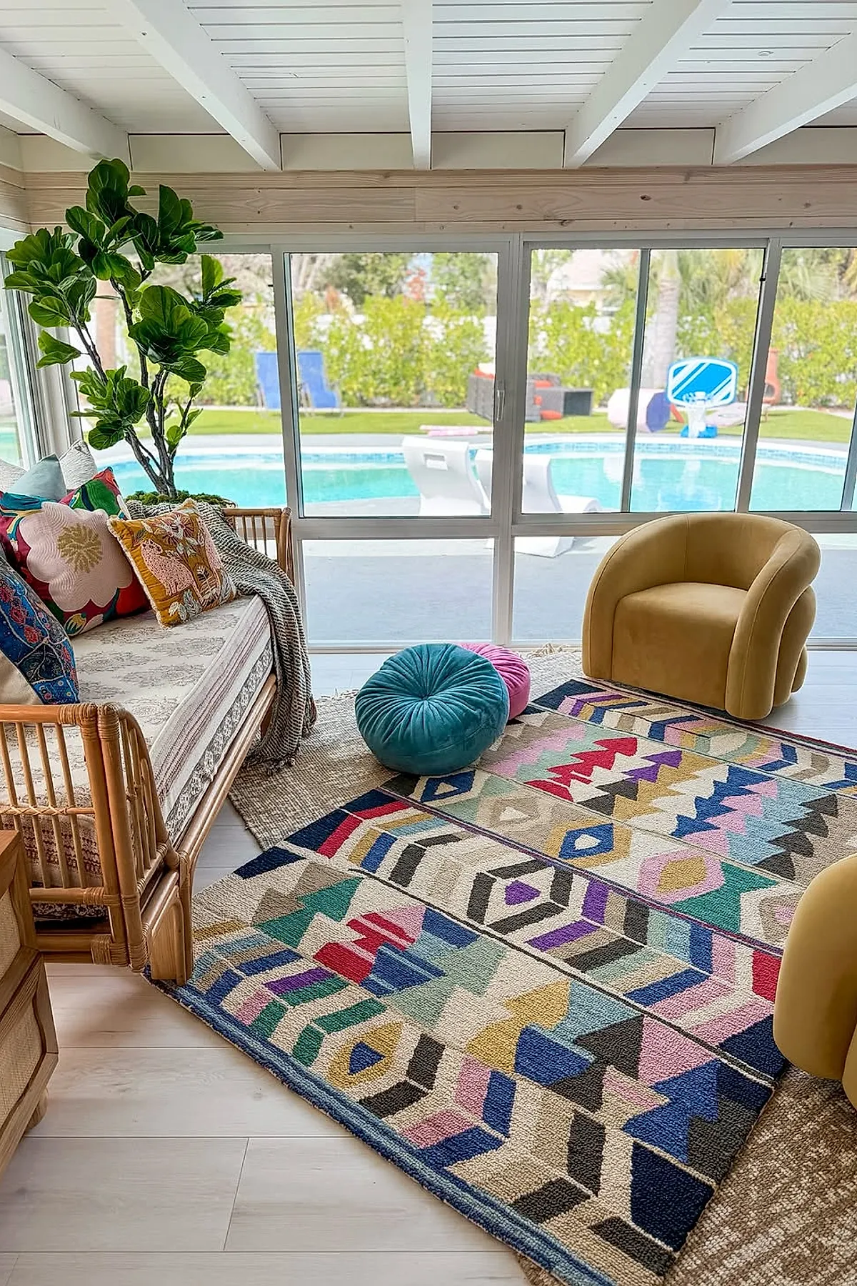 Sunroom featuring colorful geometric patterned rug, rattan daybed with floral and embroidered pillows, round velvet floor cushions in teal and pink, mustard yellow curved armchair, large windows overlooking a pool, white beamed ceiling.
