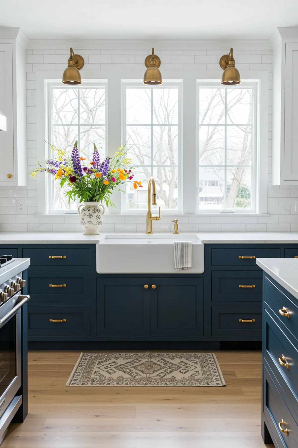 Modern farmhouse kitchen featuring navy cabinets, a floral arrangement, and gold fixtures.