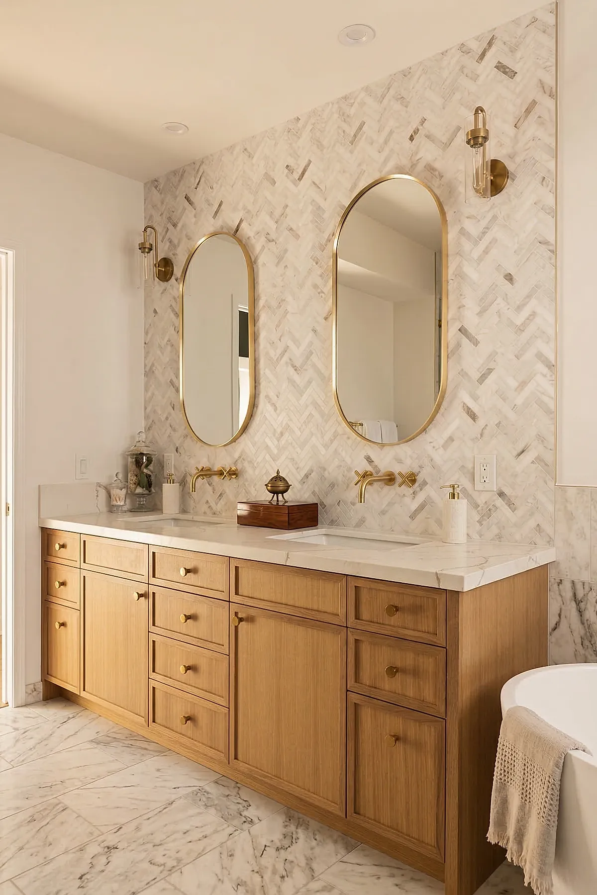 Warm neutral bathroom featuring ivory marble wall tiles in herringbone pattern, brass faucets and sconces, oval mirrors with brass frames, wooden vanity with brass knobs, and a marble floor.