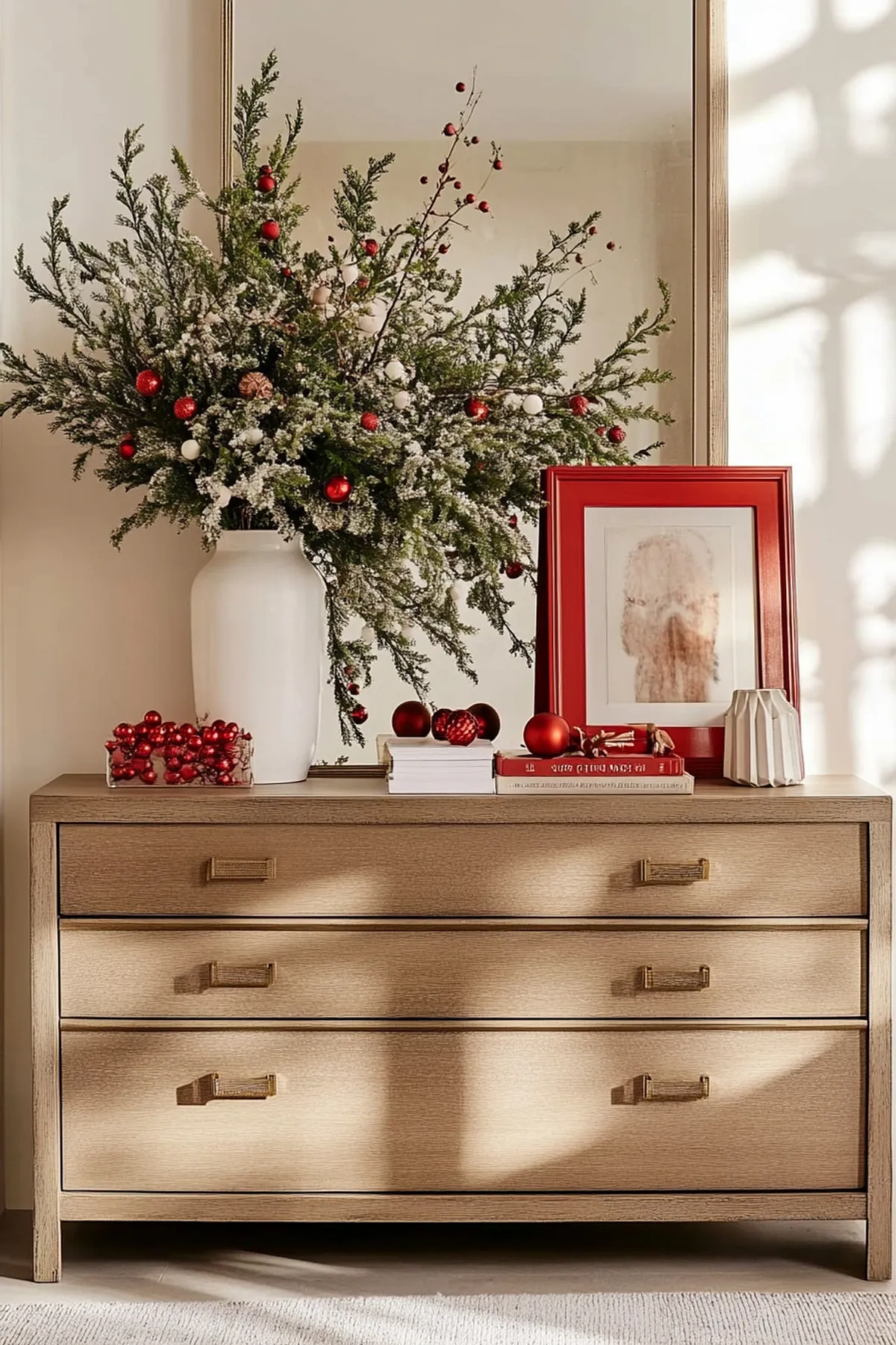 An interior space that could be a living room or bedroom, featuring a prominent white vase filled with lush evergreen branches and red ornaments. To the right of the vase is a framed piece of artwork with a red border. Below the vase on a wooden dresser are several decorative items, including a red box filled with ornaments, another white vase, and a few books. The room is illuminated by natural light, creating soft shadows on the floor.