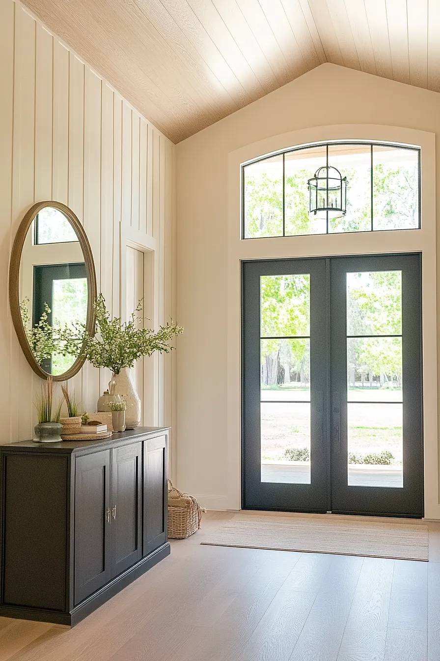 An elegant interior space, likely an entryway or hallway, features a large round mirror with a wooden frame mounted on a light-colored wall, reflecting greenery from outside. Below the mirror is a dark wooden console table adorned with decorative items such as a vase filled with greenery, a round tray containing various objects, and a woven basket. The ceiling showcases light-hued wooden beams, while a large arched window above the table allows natural light to illuminate the area and provides an outdoor view. A hanging lantern-style light fixture can be seen in the window, and the floor consists of light-colored wooden planks with a beige rug partially placed beneath the console table.
