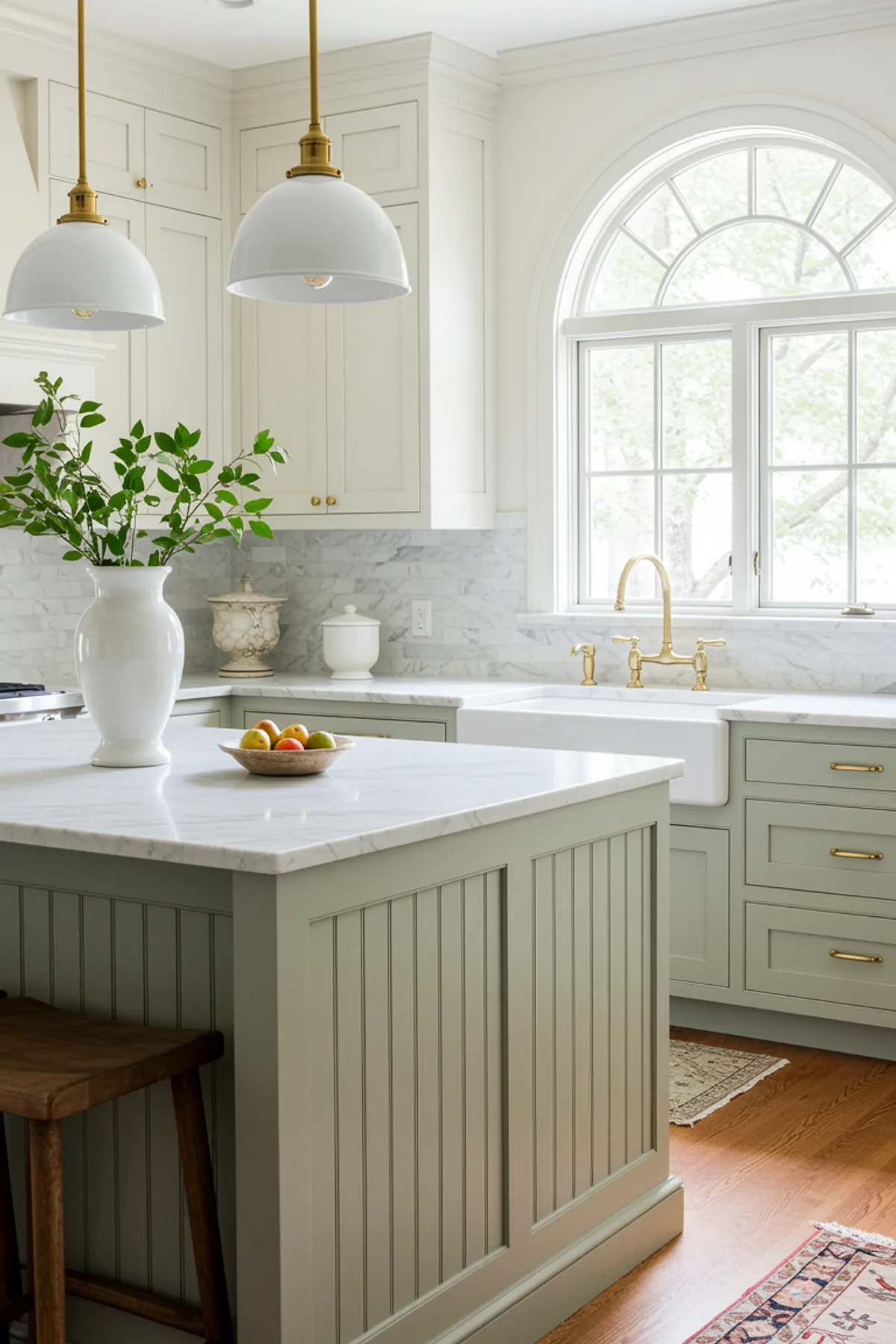 Modern farmhouse kitchen featuring green cabinetry, marble countertops, and golden fixtures.