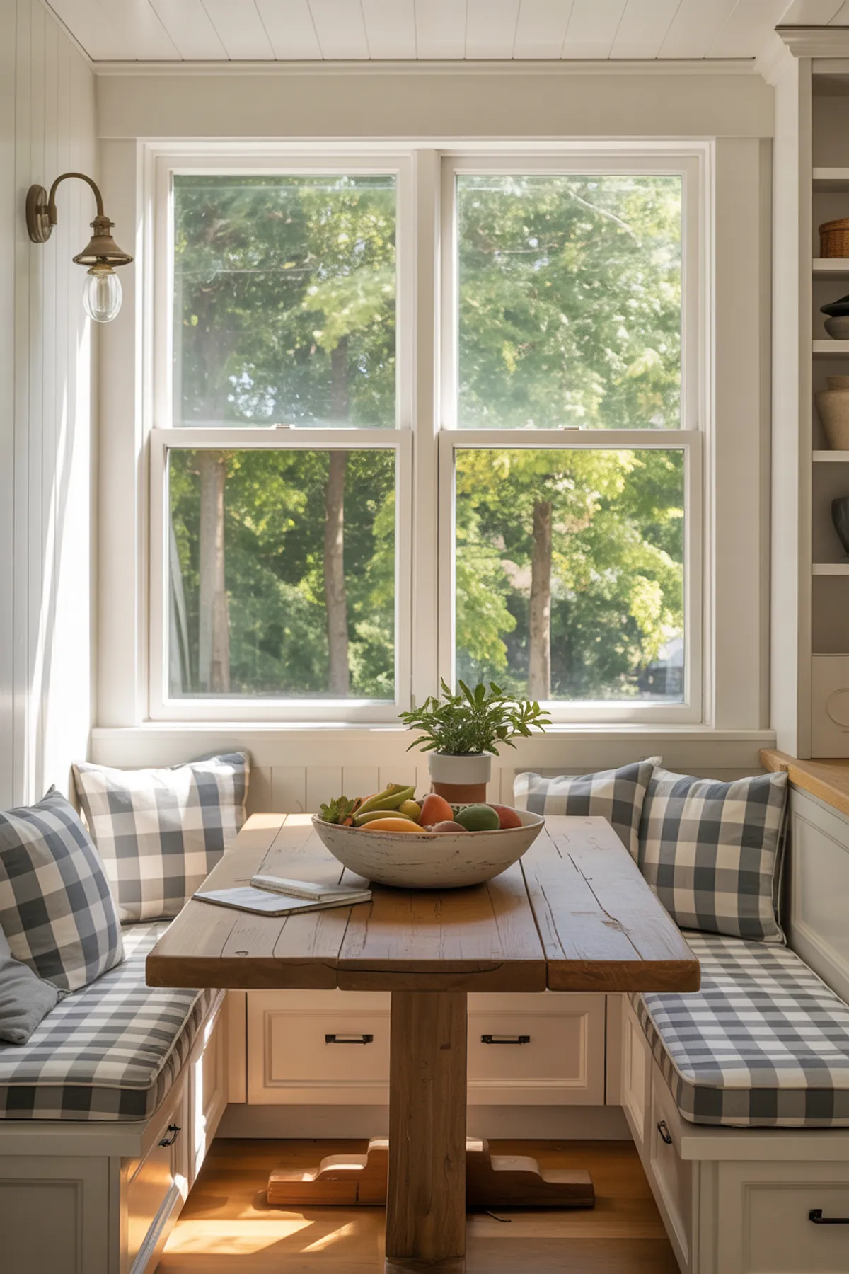 Bright breakfast nook featuring a wooden table, checkered bench seating, large windows, and a fruit bowl centerpiece.