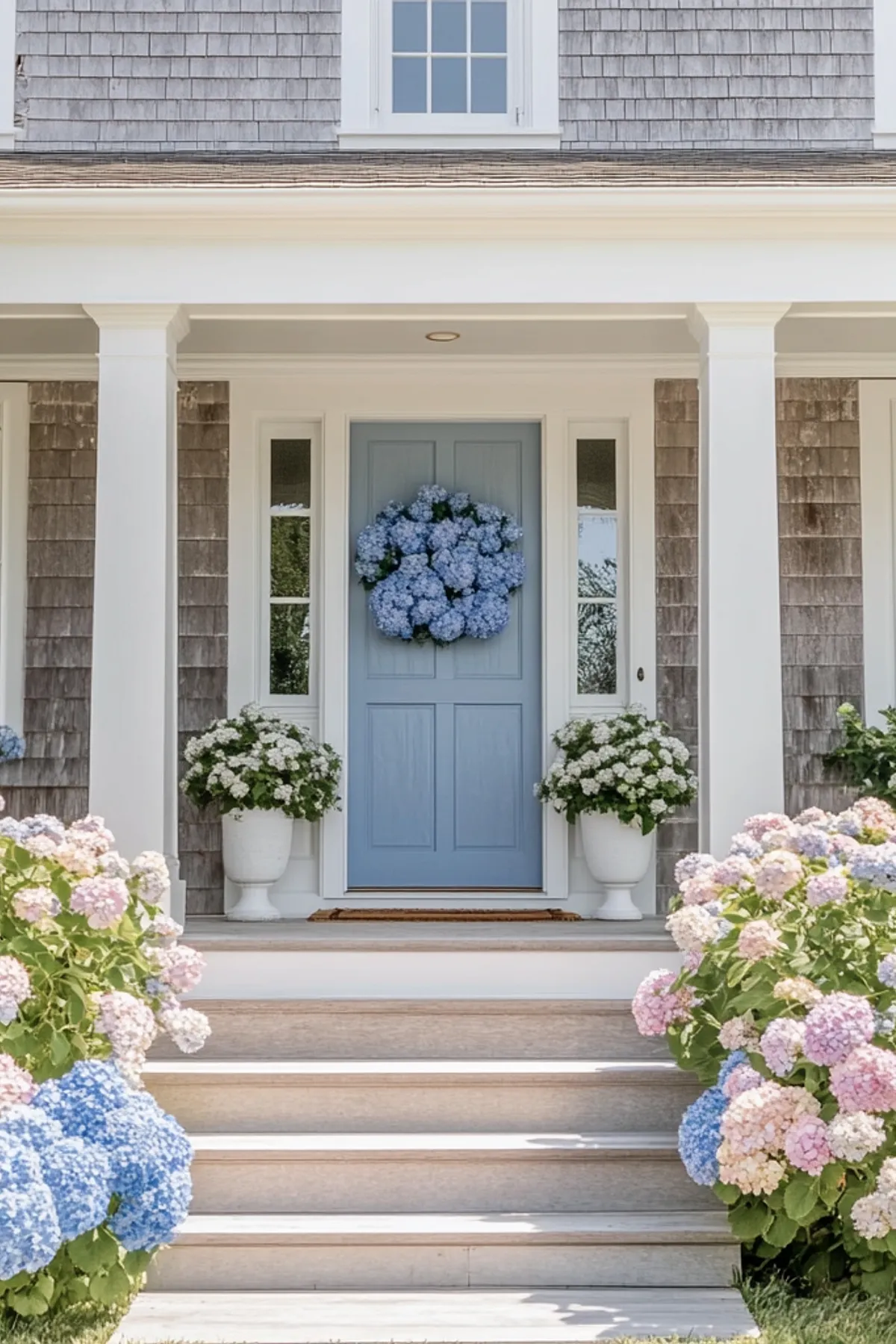 Front porch showcasing a light blue door adorned with a hydrangea wreath and white planters filled with flowers.