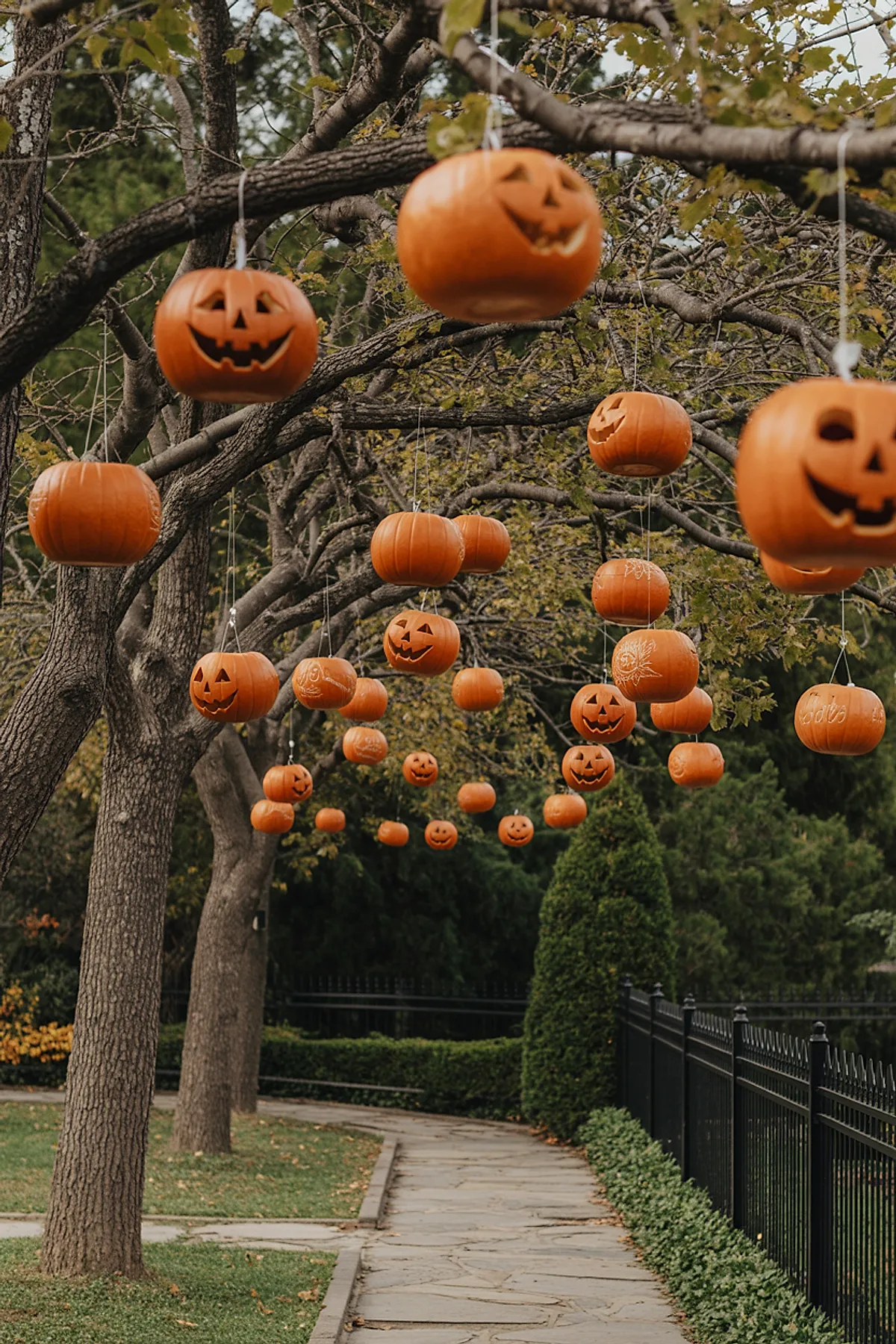 Orange carved pumpkins with smiling faces hanging by strings from tree branches over a stone pathway lined with grass and black metal fence, surrounded by green trees and autumn leaves.
