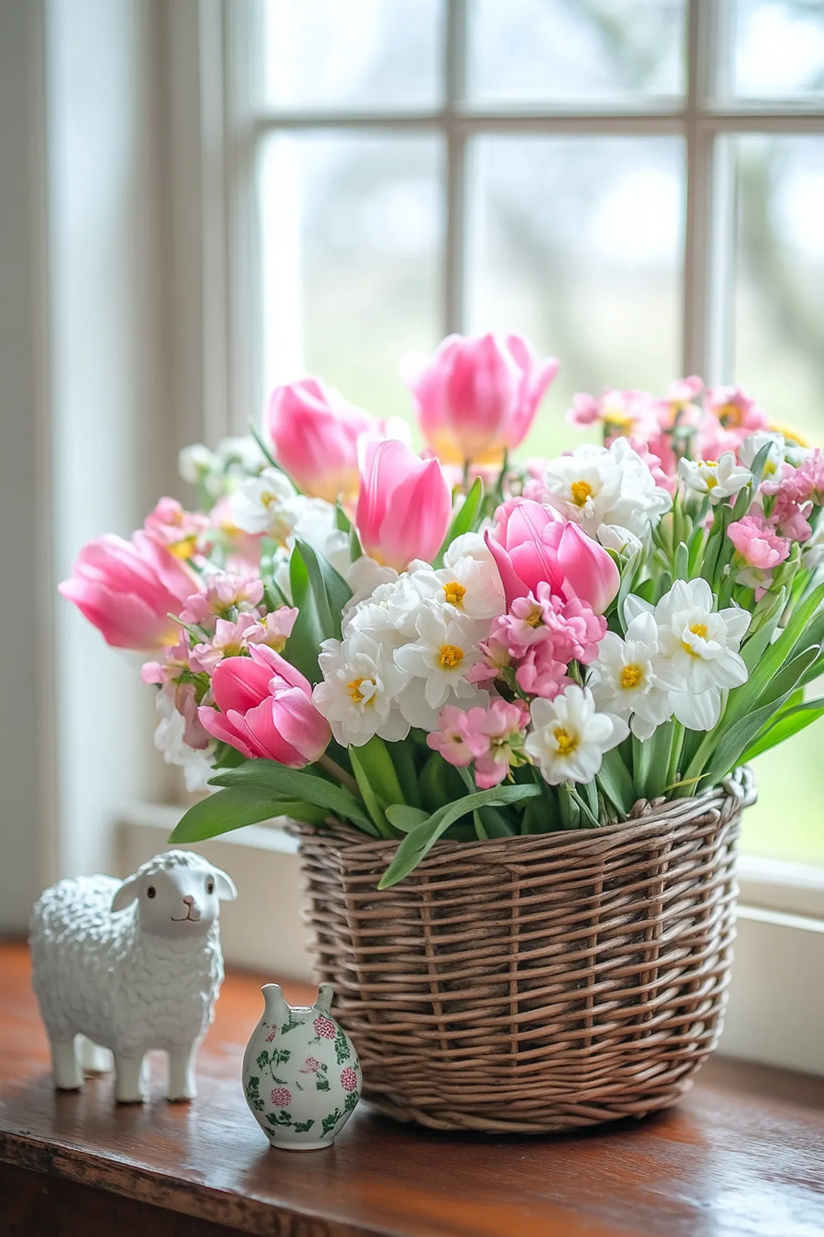 Wicker basket with pink tulips and white daisies next to a sheep figurine, near a window.