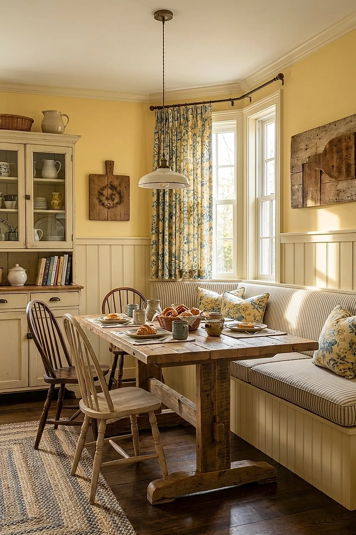 Yellow cottage kitchen dining nook featuring a rustic wooden table, striped cushioned bench seating with floral yellow and blue throw pillows, yellow walls with wainscoting, a vintage cream cabinet filled with dishes, and floral curtains on corner windows letting in natural light.