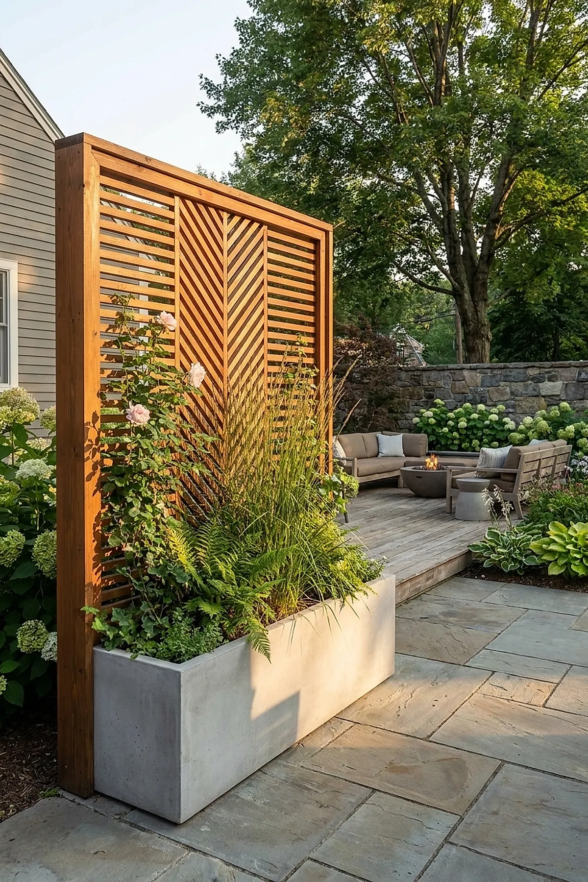 Outdoor planter privacy wall featuring wooden slats in chevron and horizontal patterns above a large concrete planter box filled with green plants, situated on stone patio near garden seating area