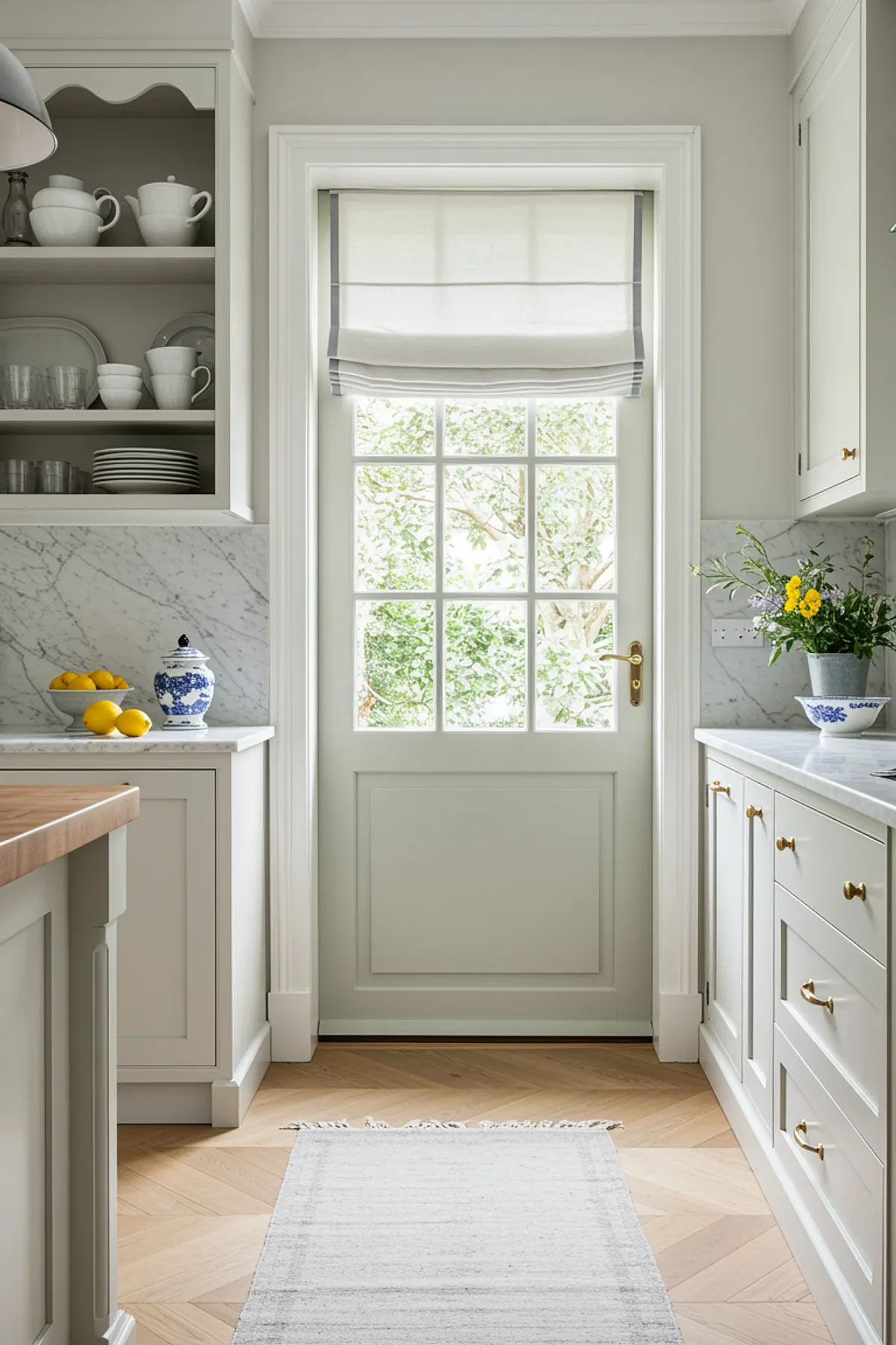 Modern farmhouse kitchen nook with green cabinets, marble counter, and fresh lemons.
