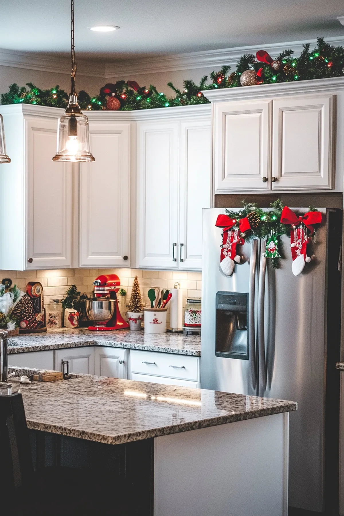 Modern kitchen featuring a stand mixer alongside festive decorations.