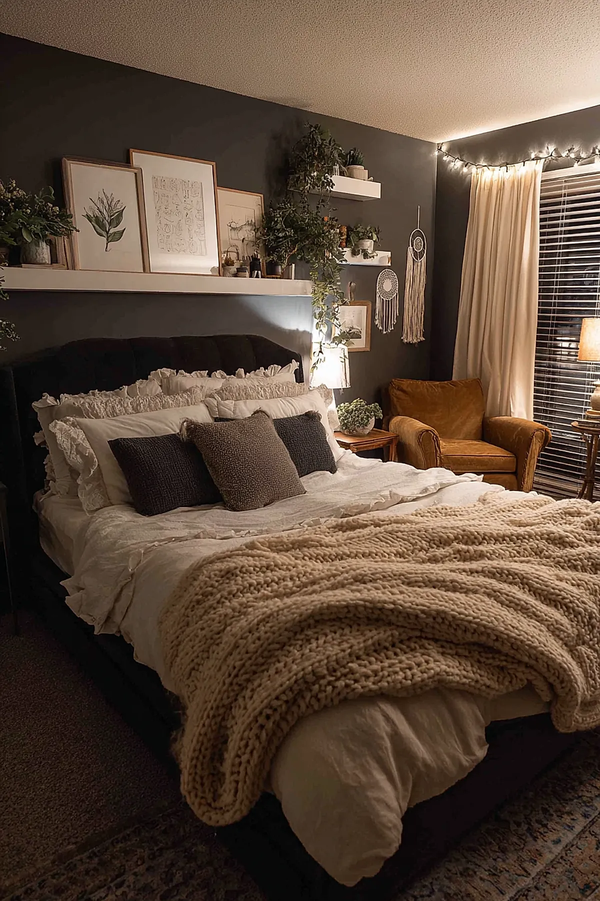 Dark feminine bedroom with charcoal gray walls, a black upholstered bed layered with white ruffled bedding and brown textured pillows, a chunky beige knit throw draped at the foot of the bed, warm string lights along the ceiling edge, cream curtains, an orange-brown armchair, floating shelves with plants and framed artwork above the bed.