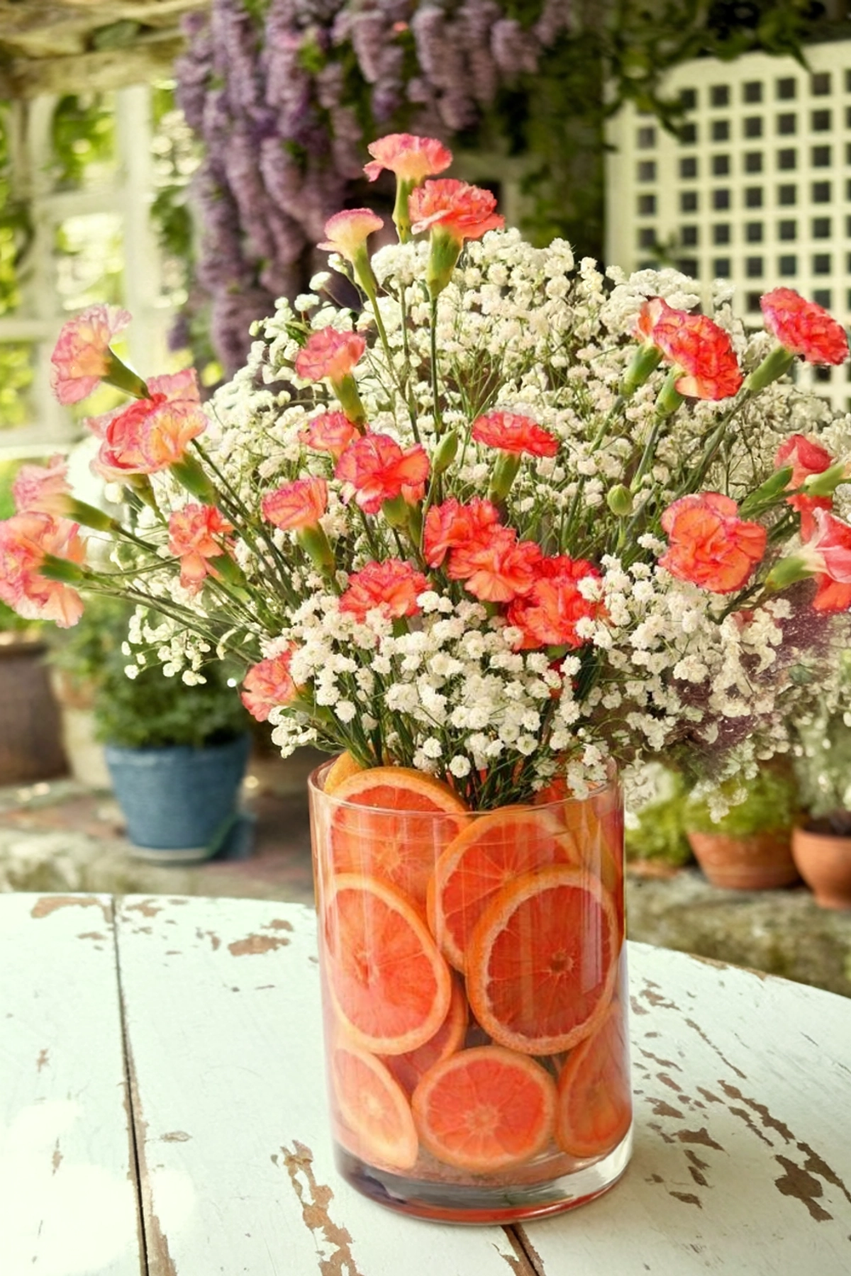 A vibrant floral arrangement featuring coral pink carnations and delicate white baby