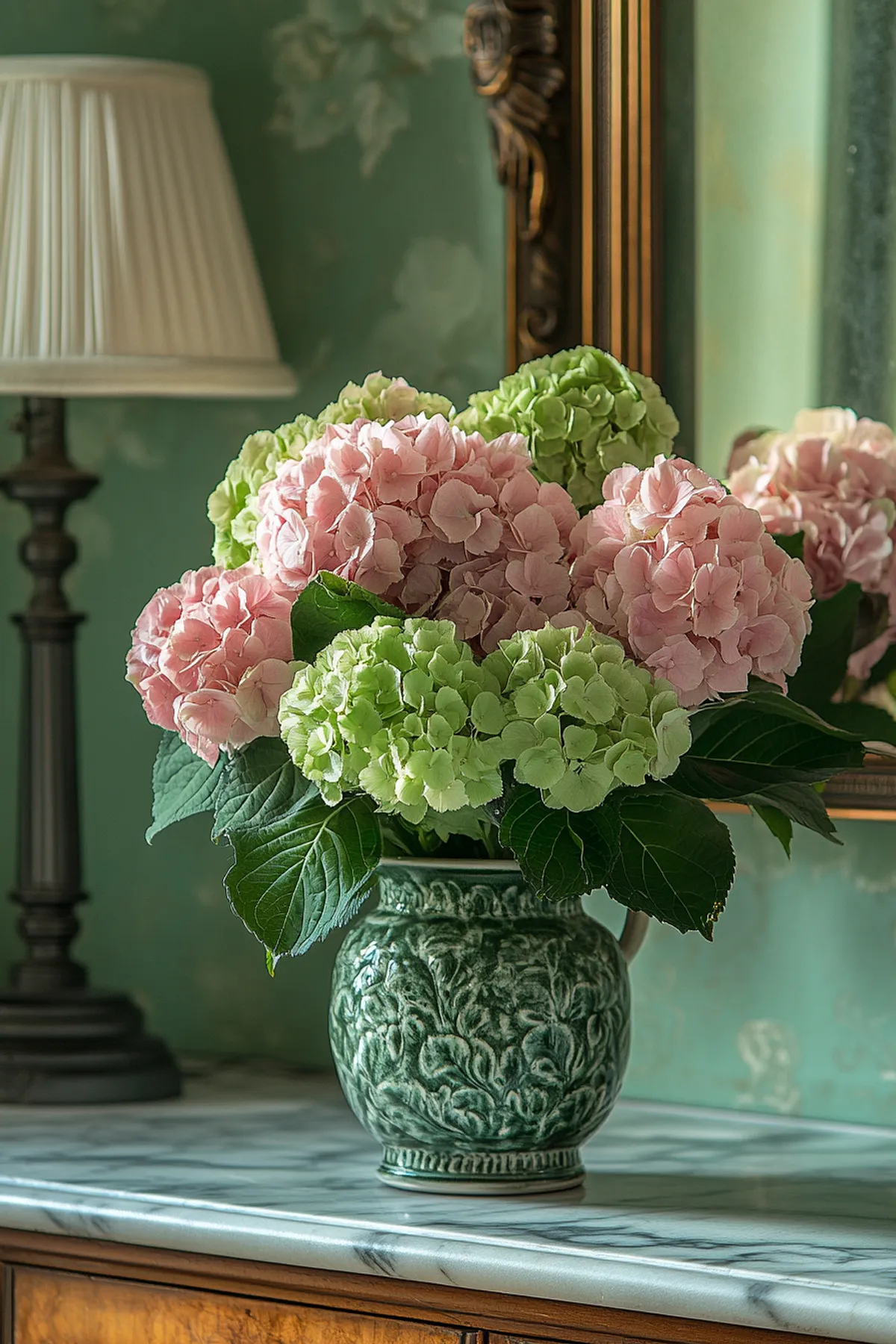 Green vase with hydrangeas on a marble surface, ornate gold mirror and lamp in background.