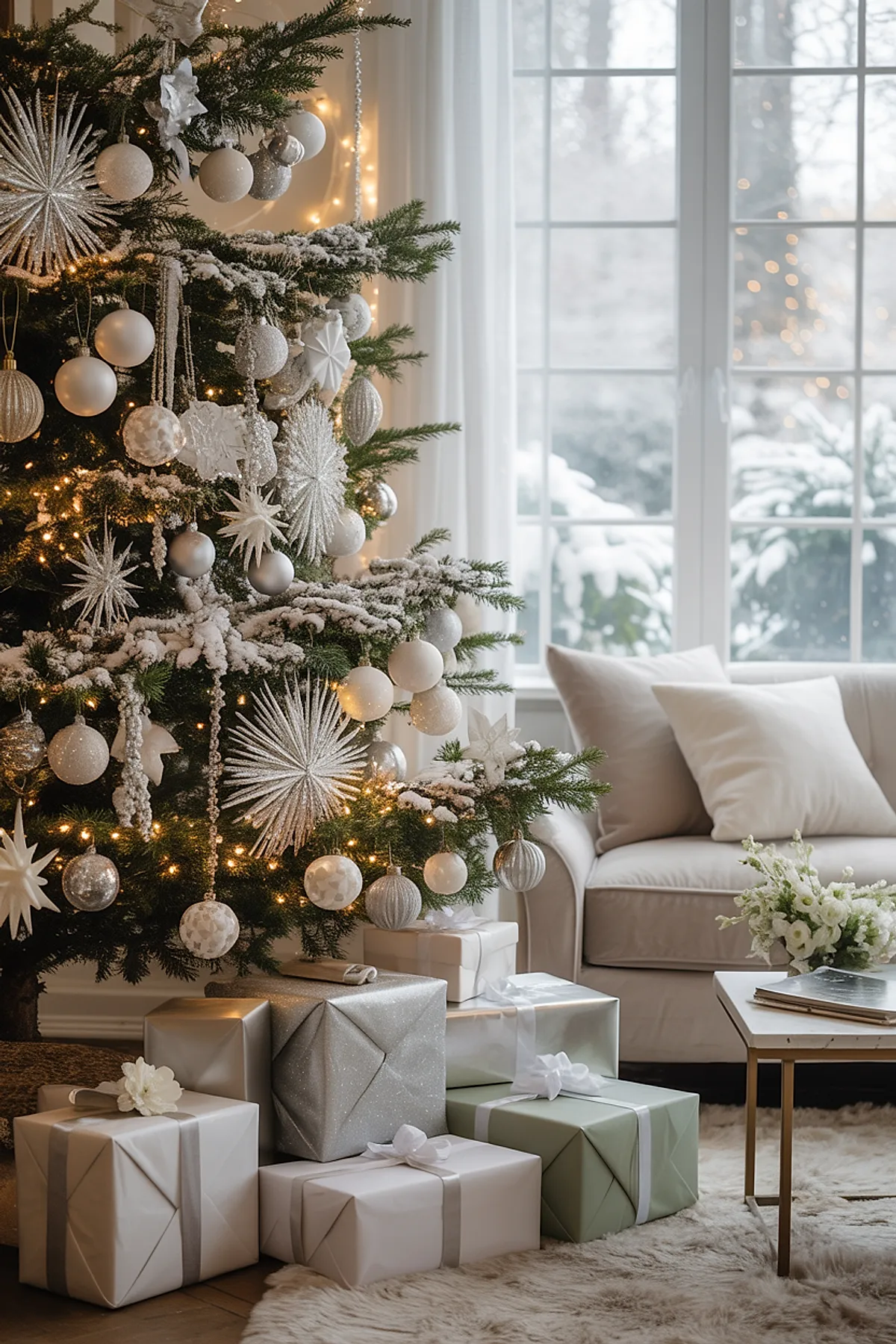 Green Christmas tree dusted with artificial snow decorated with white and silver baubles, starburst ornaments, and hanging beads next to a beige sofa with white pillows in front of large windows showing snowy landscape outside. Several wrapped gifts in muted whites, greens, and silver sit under the tree on a fluffy rug.
