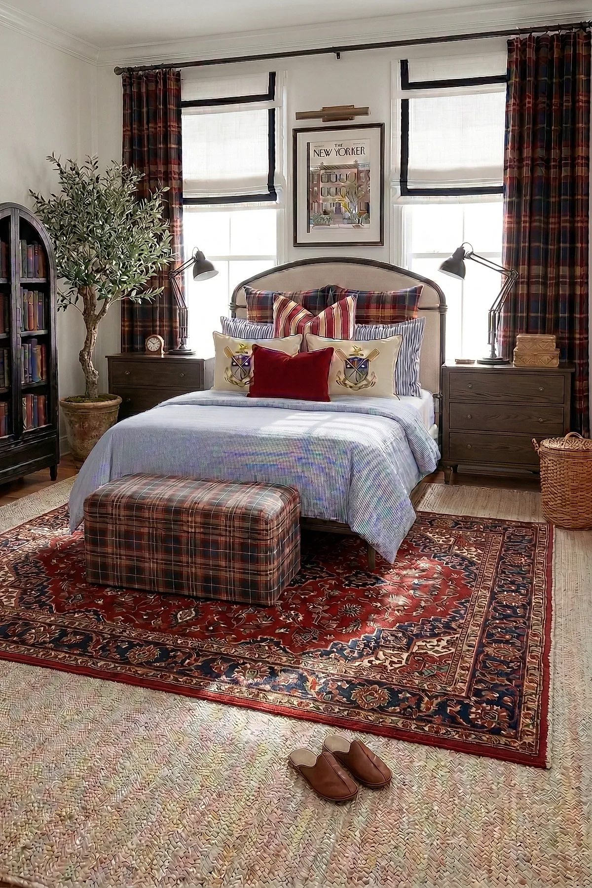 A Ralph Lauren bedroom featuring plaid curtains and a plaid upholstered bench at the foot of a bed dressed in light blue striped bedding, with embroidered pillows and dark wood nightstands beside two windows.