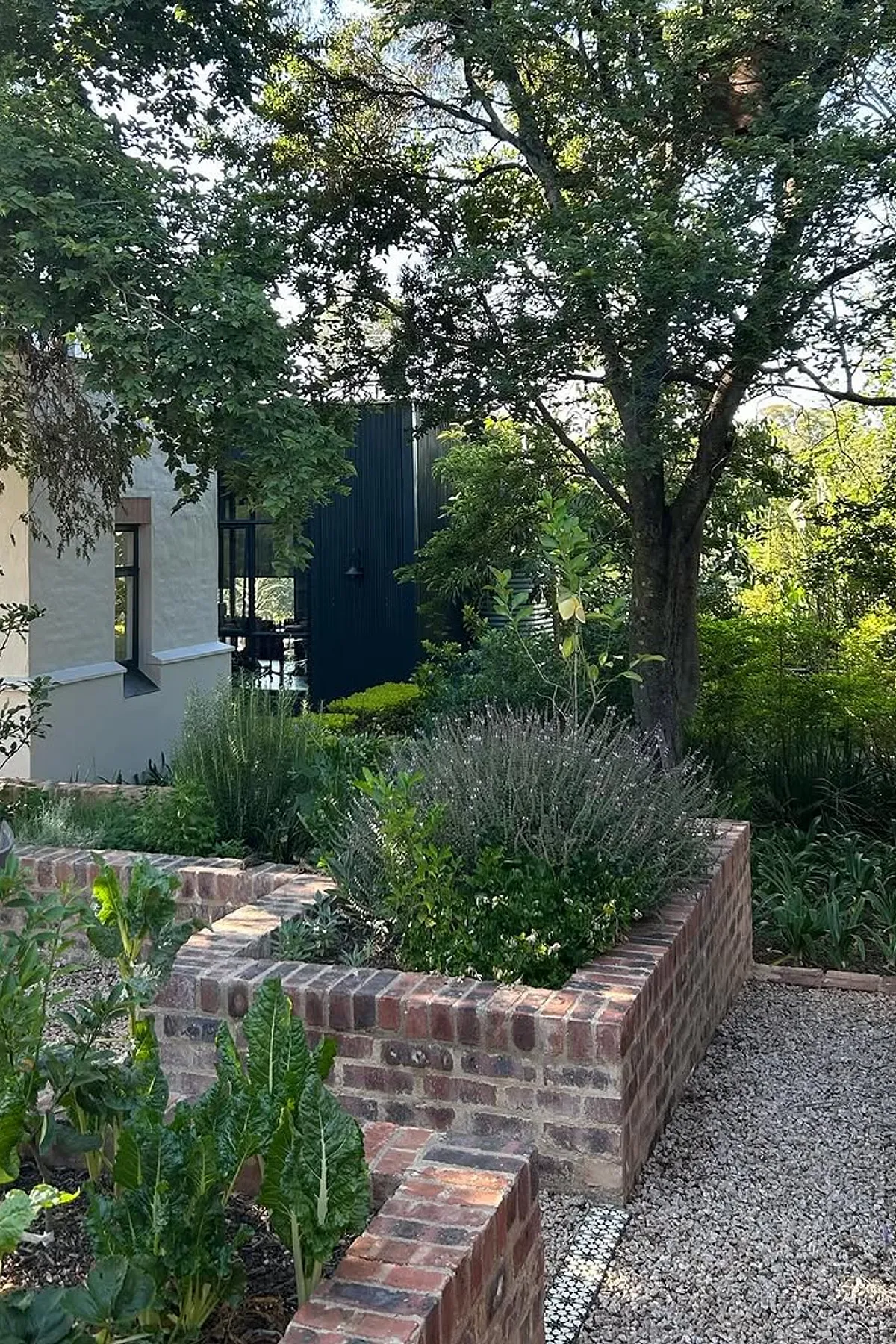 Serene garden next to a white building with a dark window, featuring a brick-lined pathway and raised garden bed.