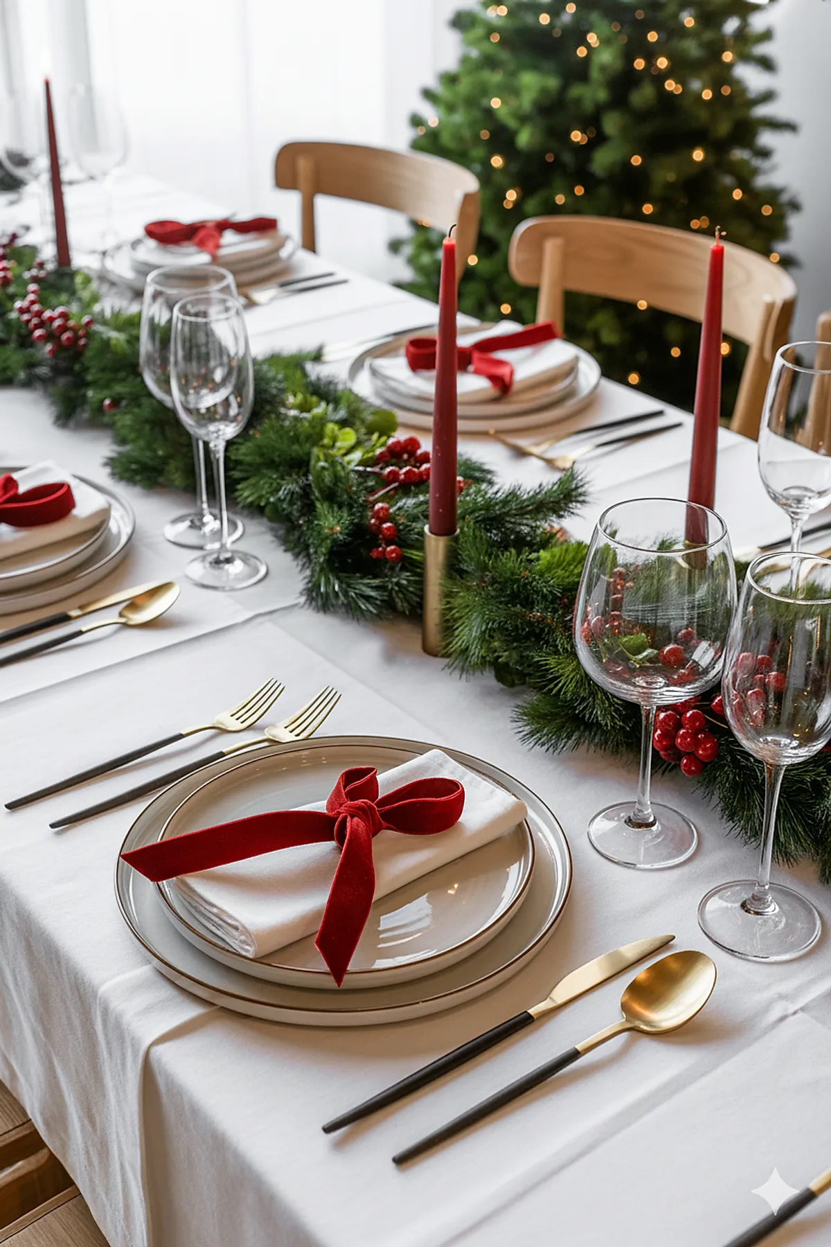christmas dinner table settings featuring white plates with stacked smaller plates, white napkins tied with red velvet ribbon bows, gold flatware with black handles, clear wine glasses, and a lush green garland centerpiece decorated with red berries and tall red taper candles in brass holders on a white tablecloth