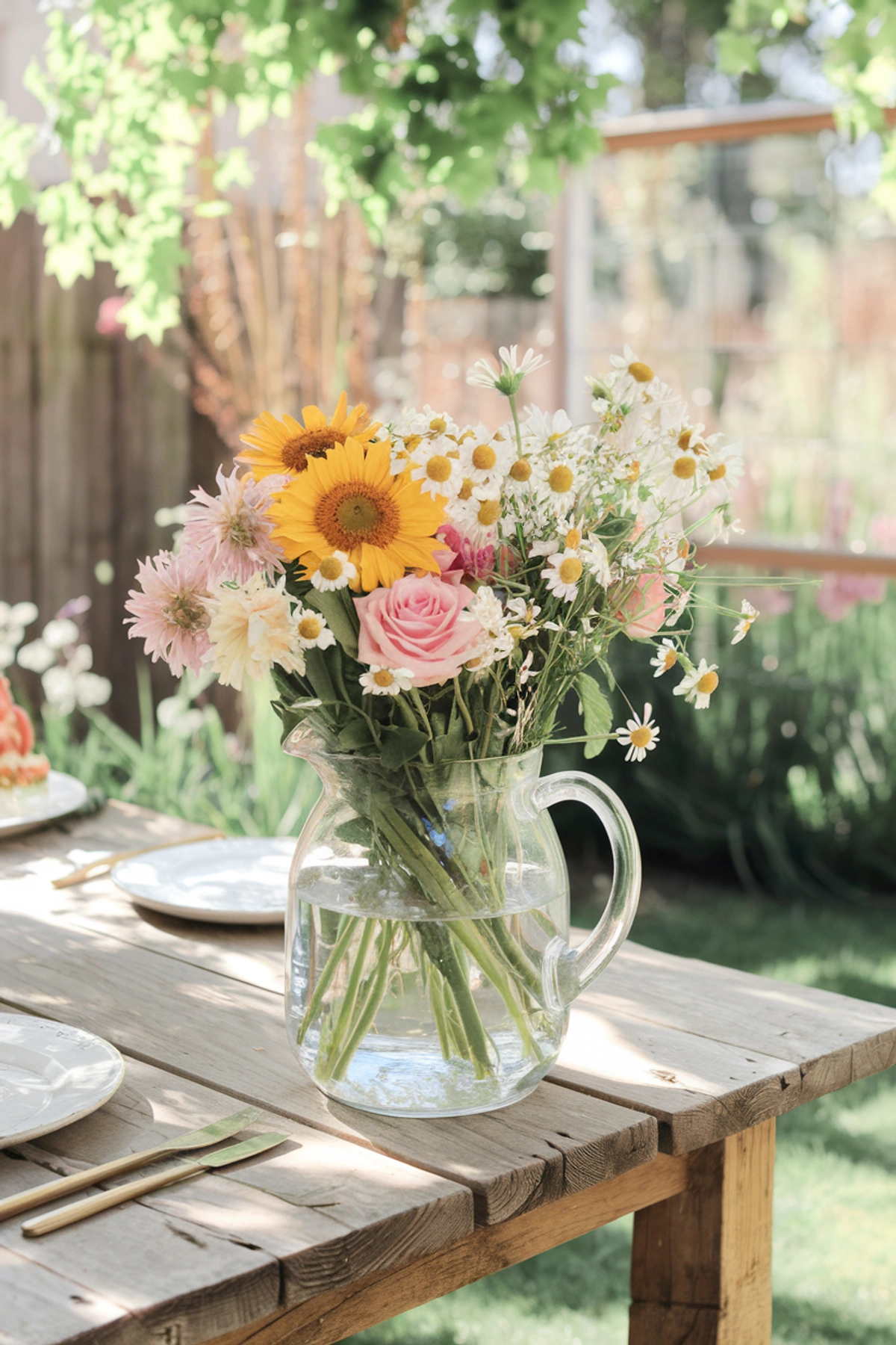 A casual summer bouquet featuring sunflowers, pink roses, pale dahlias, and chamomile flowers arranged in a clear glass pitcher filled with water. The bouquet sits on a rustic wooden farmhouse table set for an outdoor meal, with white plates and gold utensils.