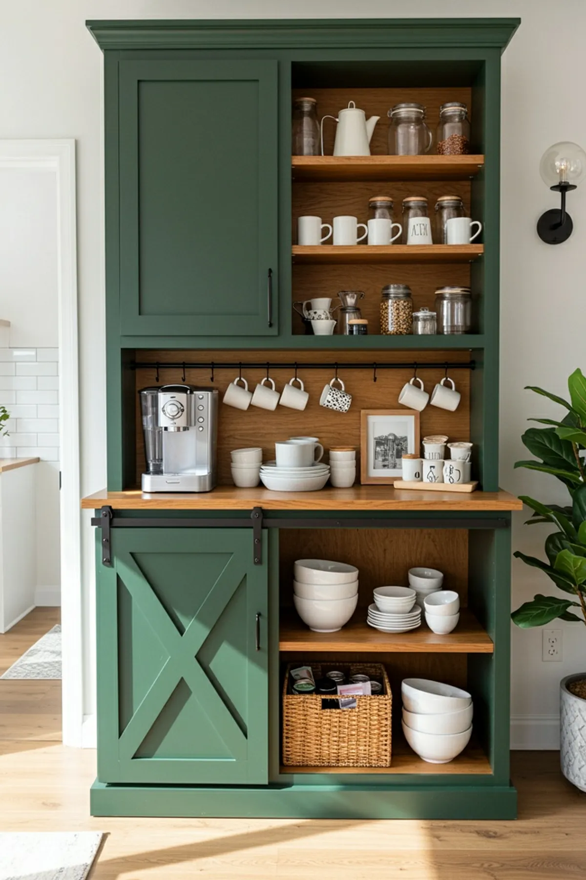Green kitchen hutch with mug hooks, wooden shelves holding jars, coffee machine, and bowls.