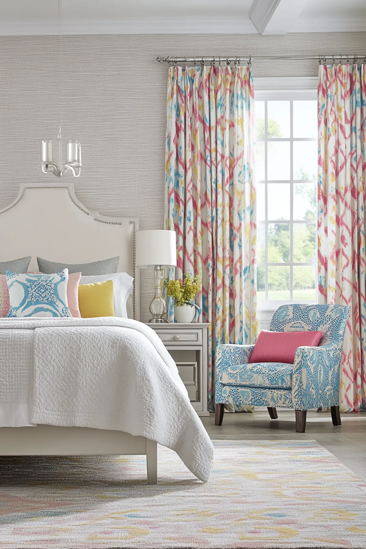 Vibrant bedroom with light gray textured wallpaper, pink and blue patterned comforter, colorful curtains, and modern chandelier