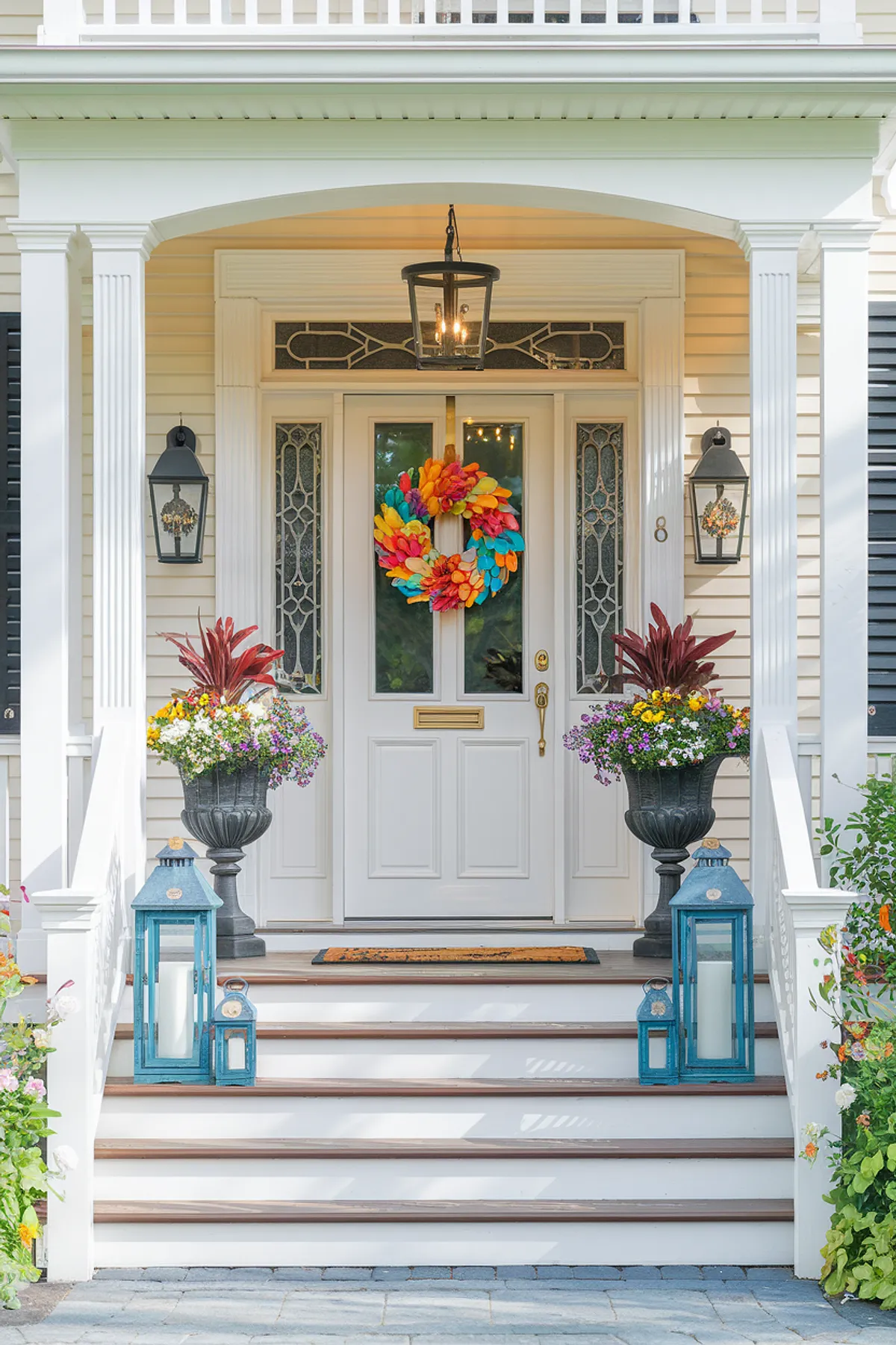 Front door adorned with a colorful wreath, matching floral planters, and decorative lanterns.