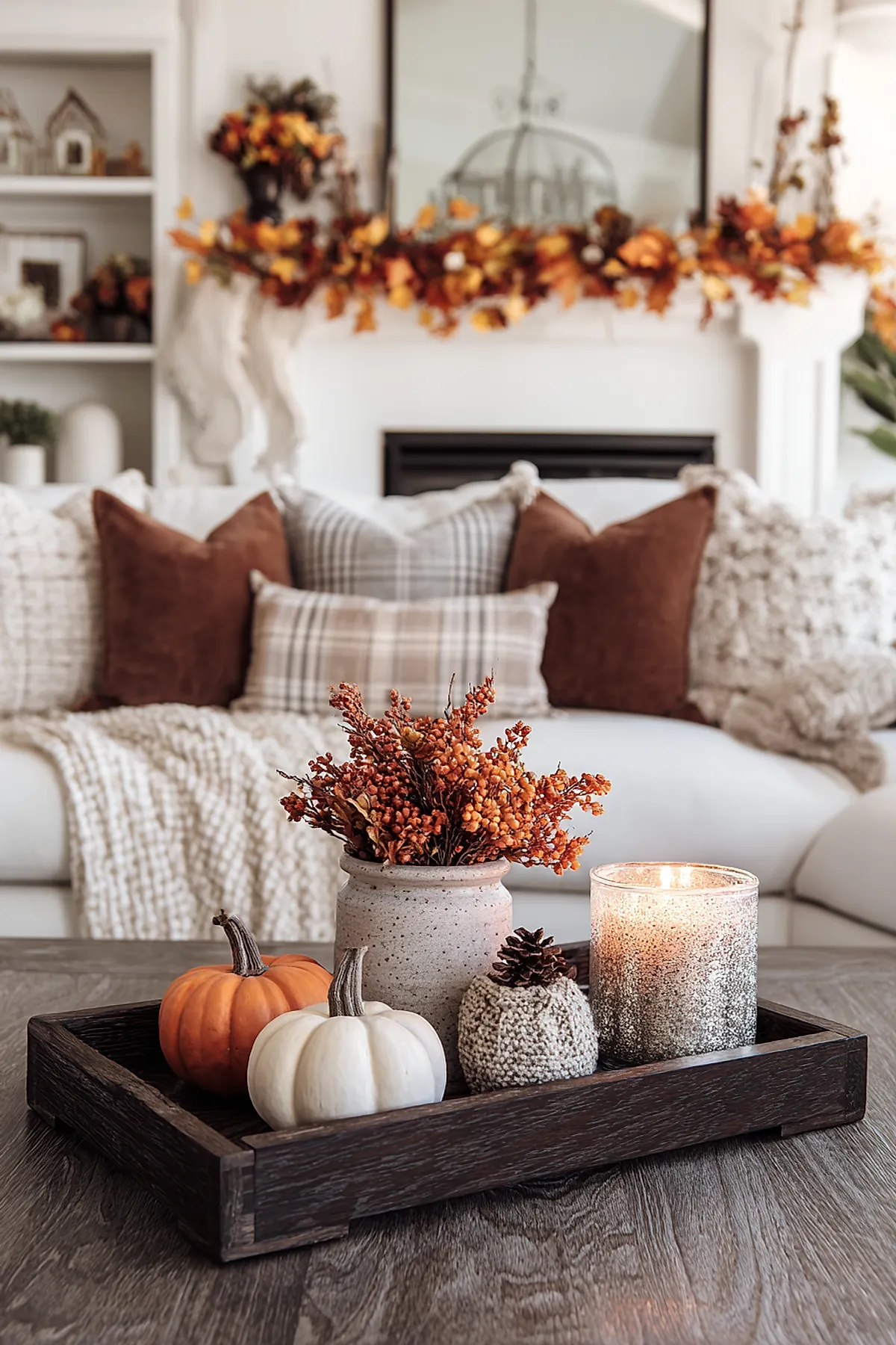 Dark wood tray holding small orange and white pumpkins, rough ceramic vase with dried burnt orange berries, knitted cozy wrapped around pinecone, and lit speckled glass candle on rustic wooden coffee table in front of sofa with brown and plaid pillows.