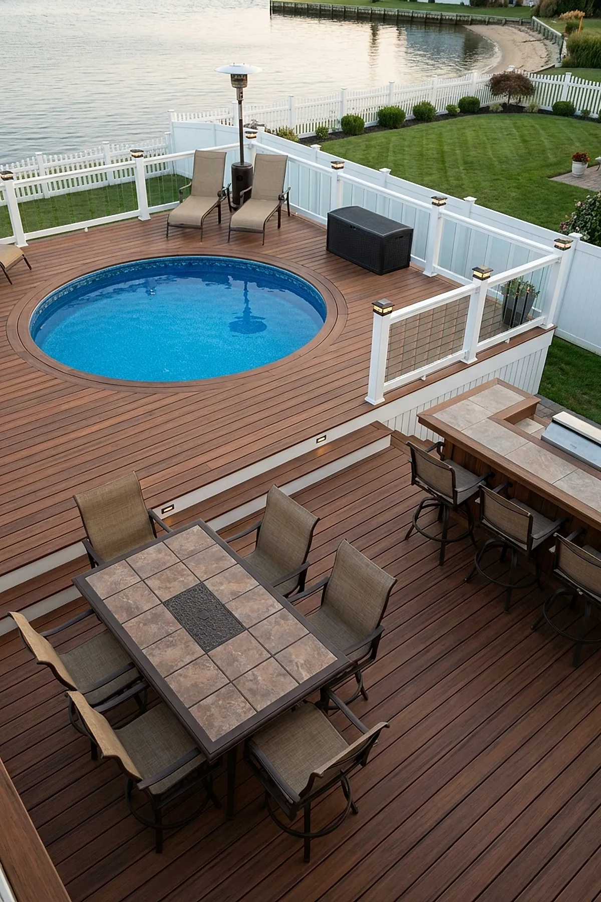 Multi-level wooden pool deck with a circular blue pool surrounded by glass and white railing, featuring beige cushioned chairs and an outdoor dining area with a tile-topped table and matching chairs, overlooking a grassy yard and waterfront beyond.