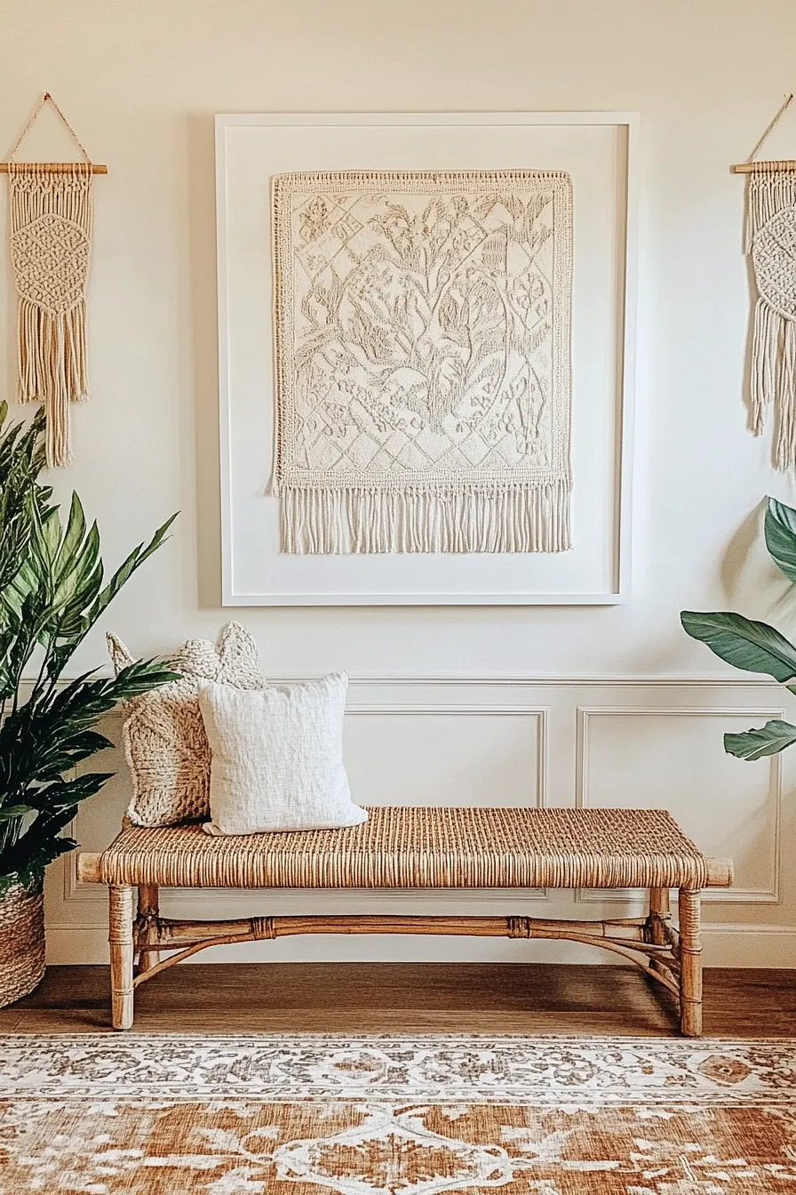 A stylish living room featuring a central woven bench with a rattan finish. Above the bench hangs a framed artwork showcasing intricate floral or geometric patterns. To the left and right of the bench, potted plants with large green leaves add natural elements. The floor is covered with an earthy patterned rug, while the soft beige walls are complemented by two hanging macramé decorations on the left side.