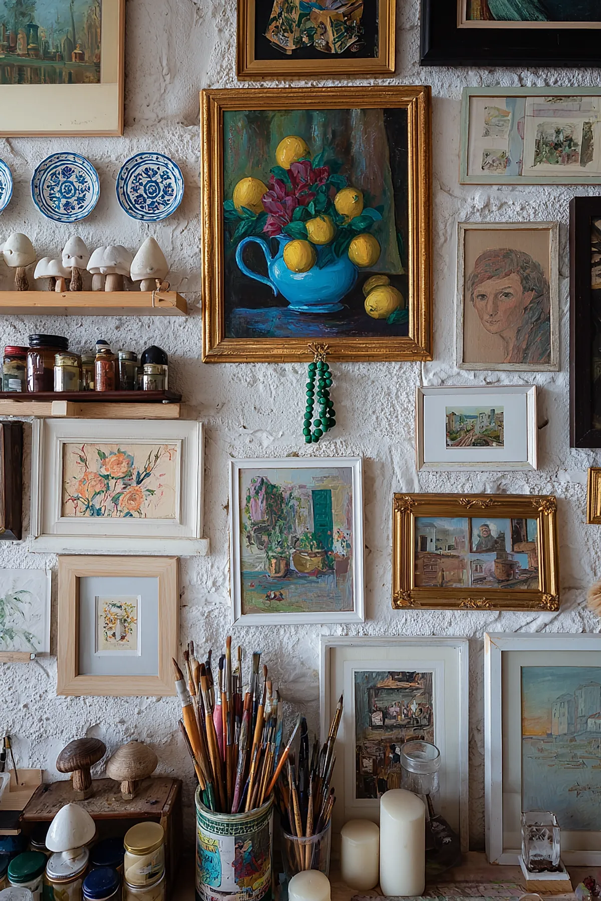 Eclectic gallery wall with various framed paintings and sketches in gold, white, and wooden frames on a textured white wall above a table filled with jars of paintbrushes, candles, decorative mushrooms, and art supplies.