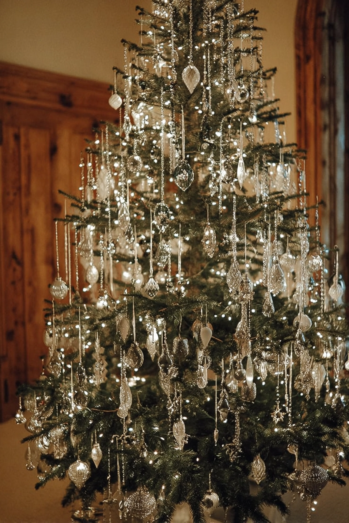 A natural green Christmas tree decorated with sparkling crystal ornaments and warm white string lights, creating an elegant and luminous holiday display against wood-paneled walls.